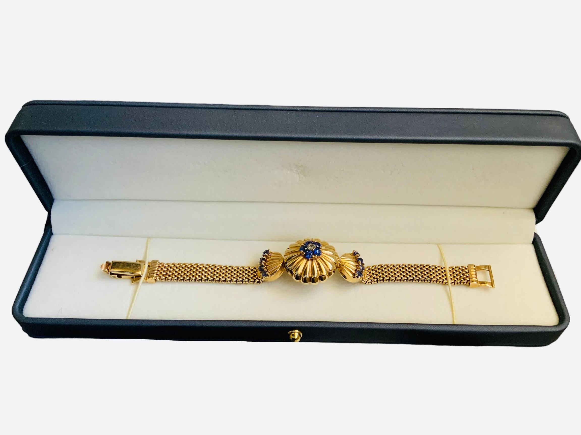 14K Gold, Diamond and Sapphires Hidden Watch Bracelet For Sale 2