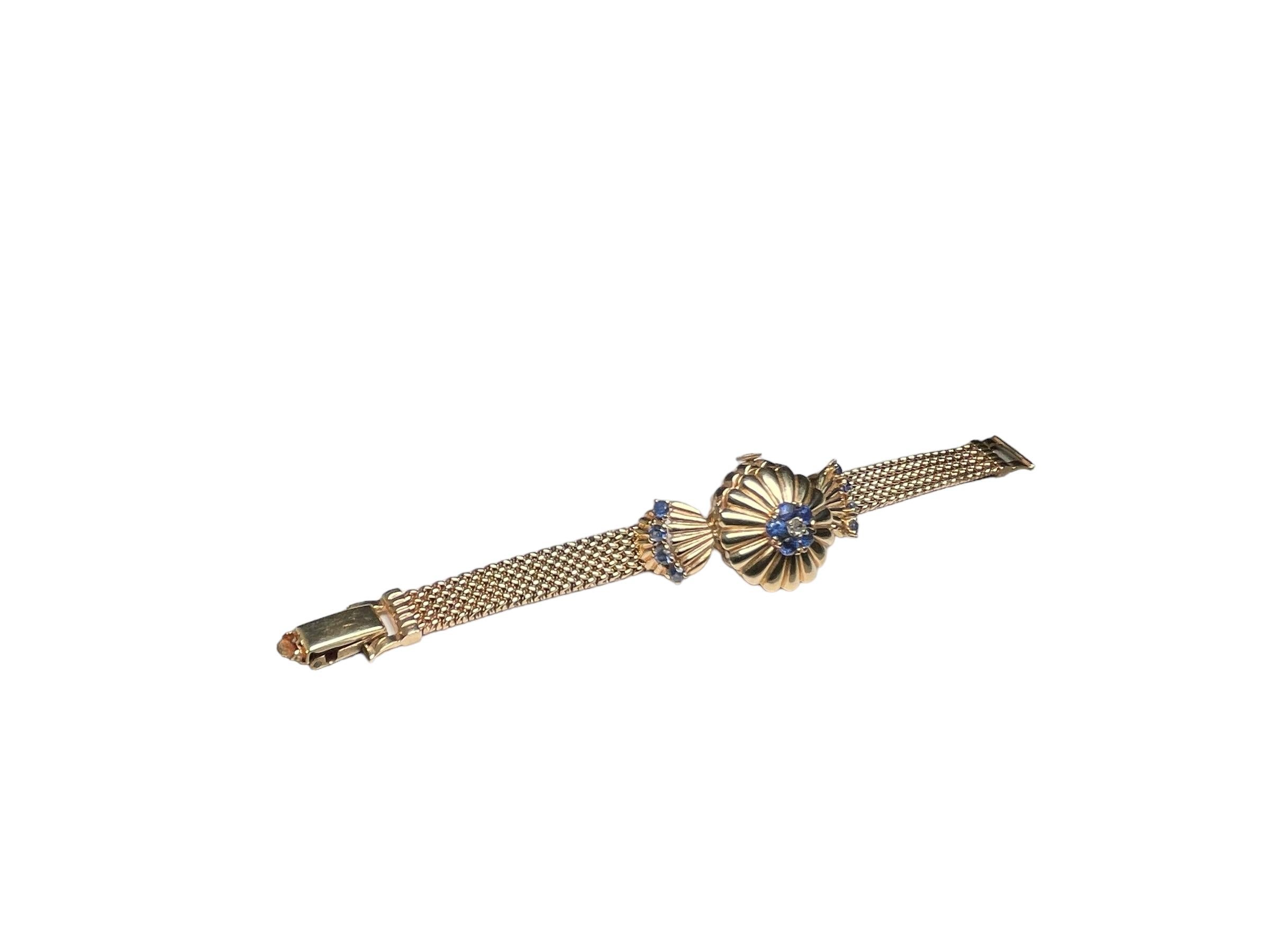 14K Gold, Diamond and Sapphires Hidden Watch Bracelet For Sale 7