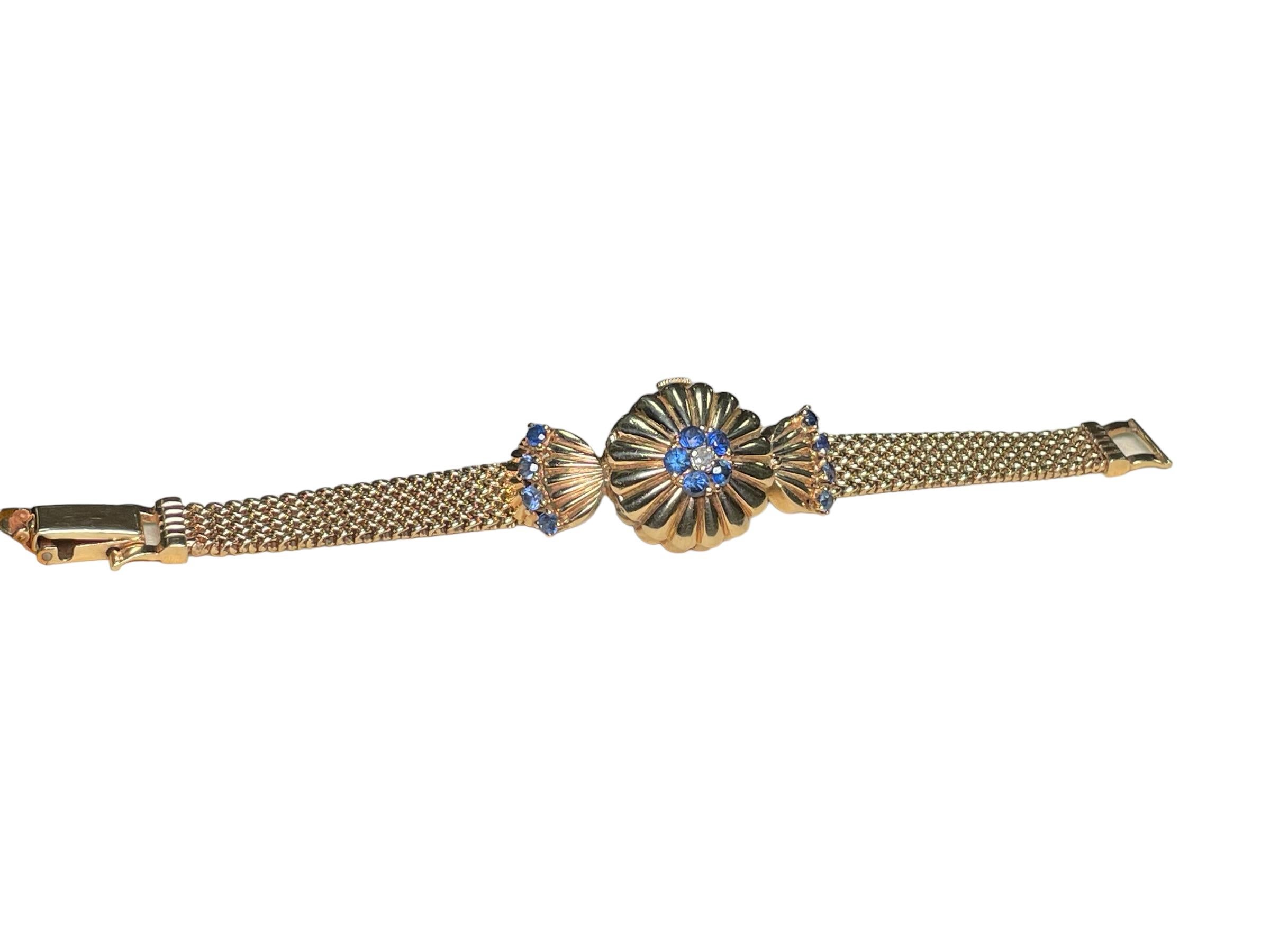 14K Gold, Diamond and Sapphires Hidden Watch Bracelet For Sale 9