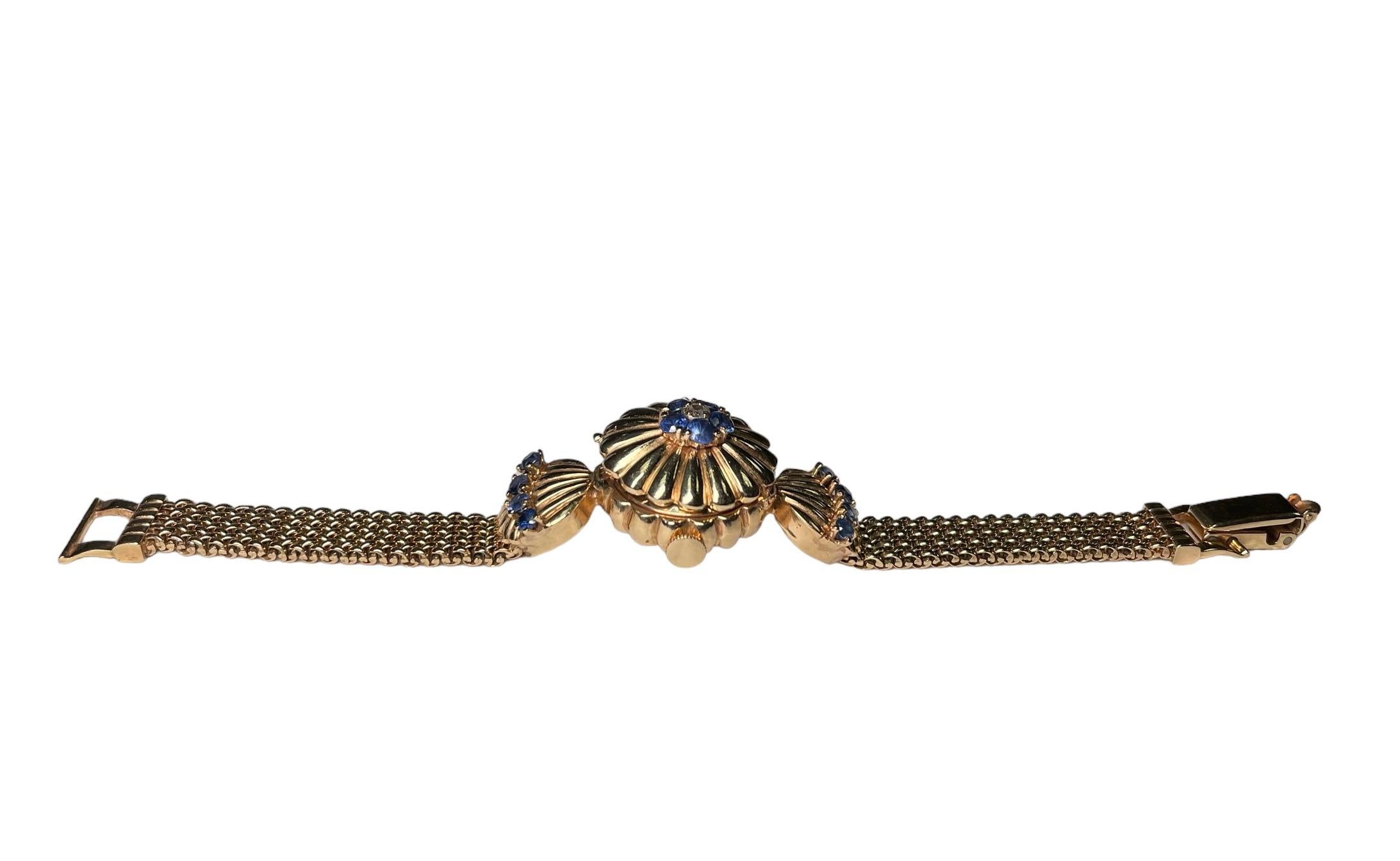 14K Gold, Diamond and Sapphires Hidden Watch Bracelet For Sale 13