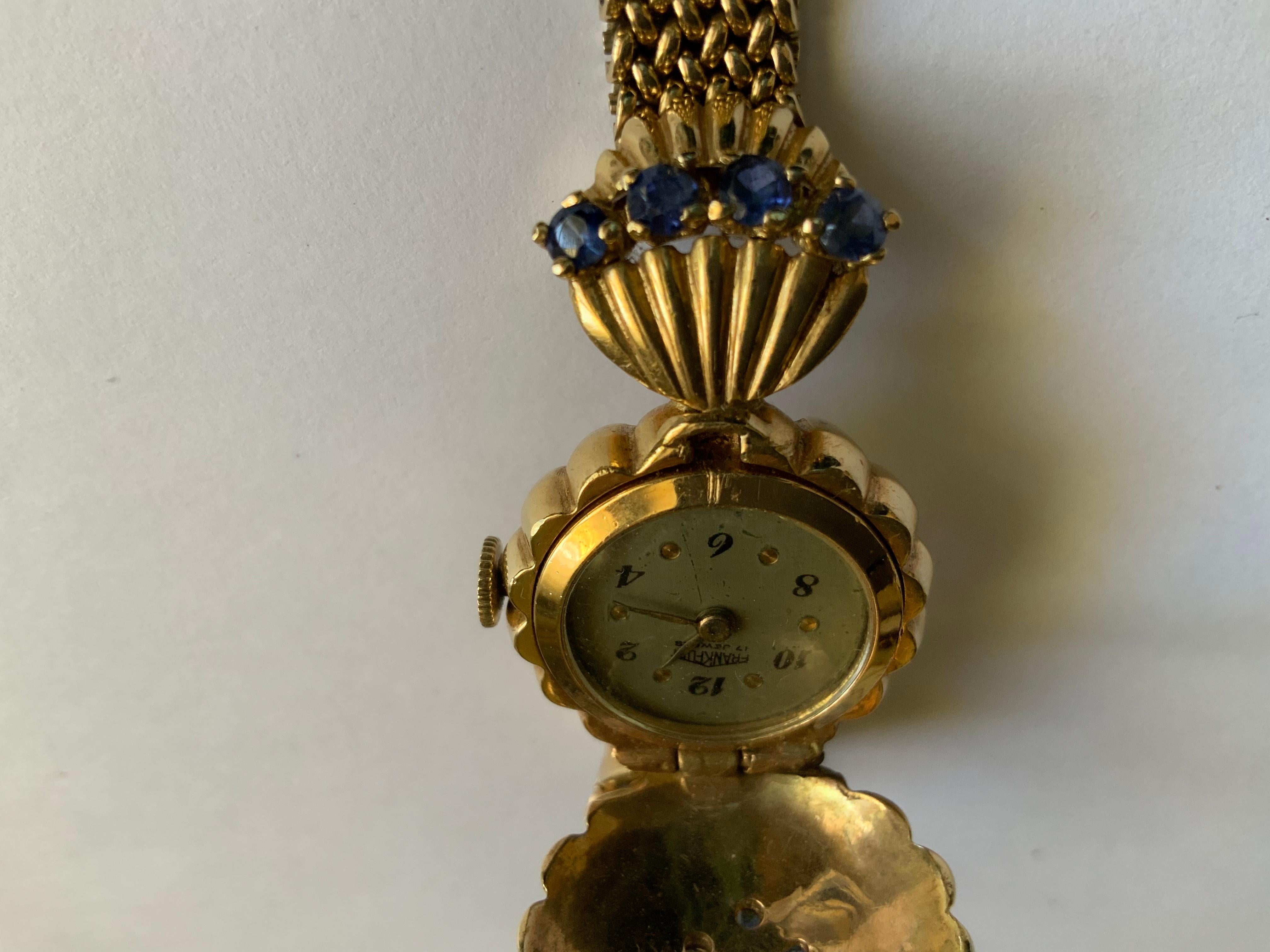 Round Cut 14K Gold, Diamond and Sapphires Hidden Watch Bracelet  For Sale