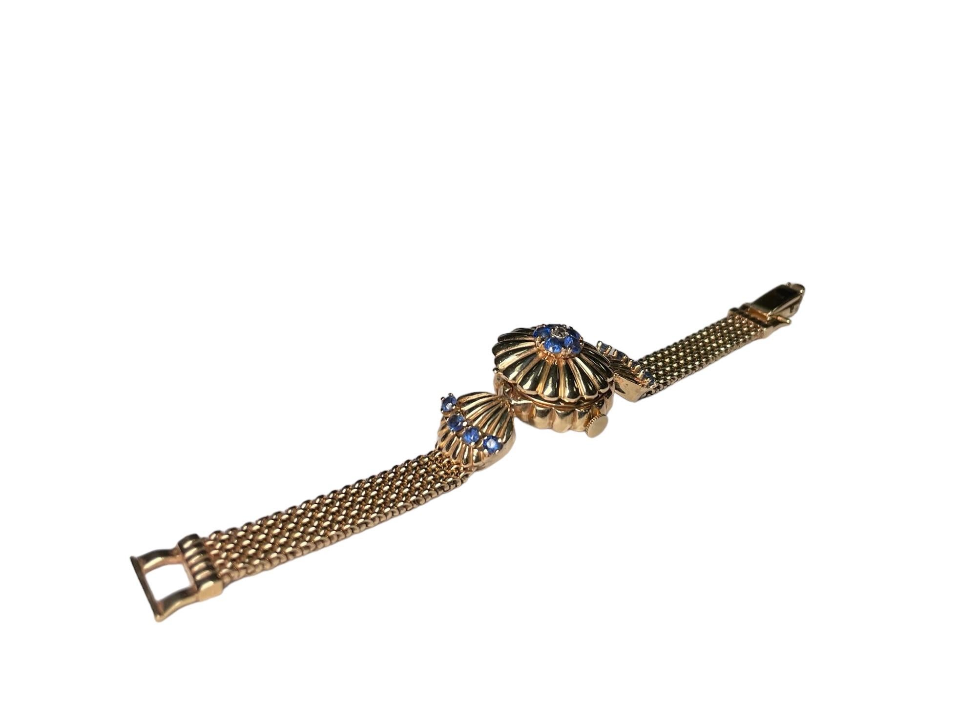 14K Gold, Diamond and Sapphires Hidden Watch Bracelet For Sale 3