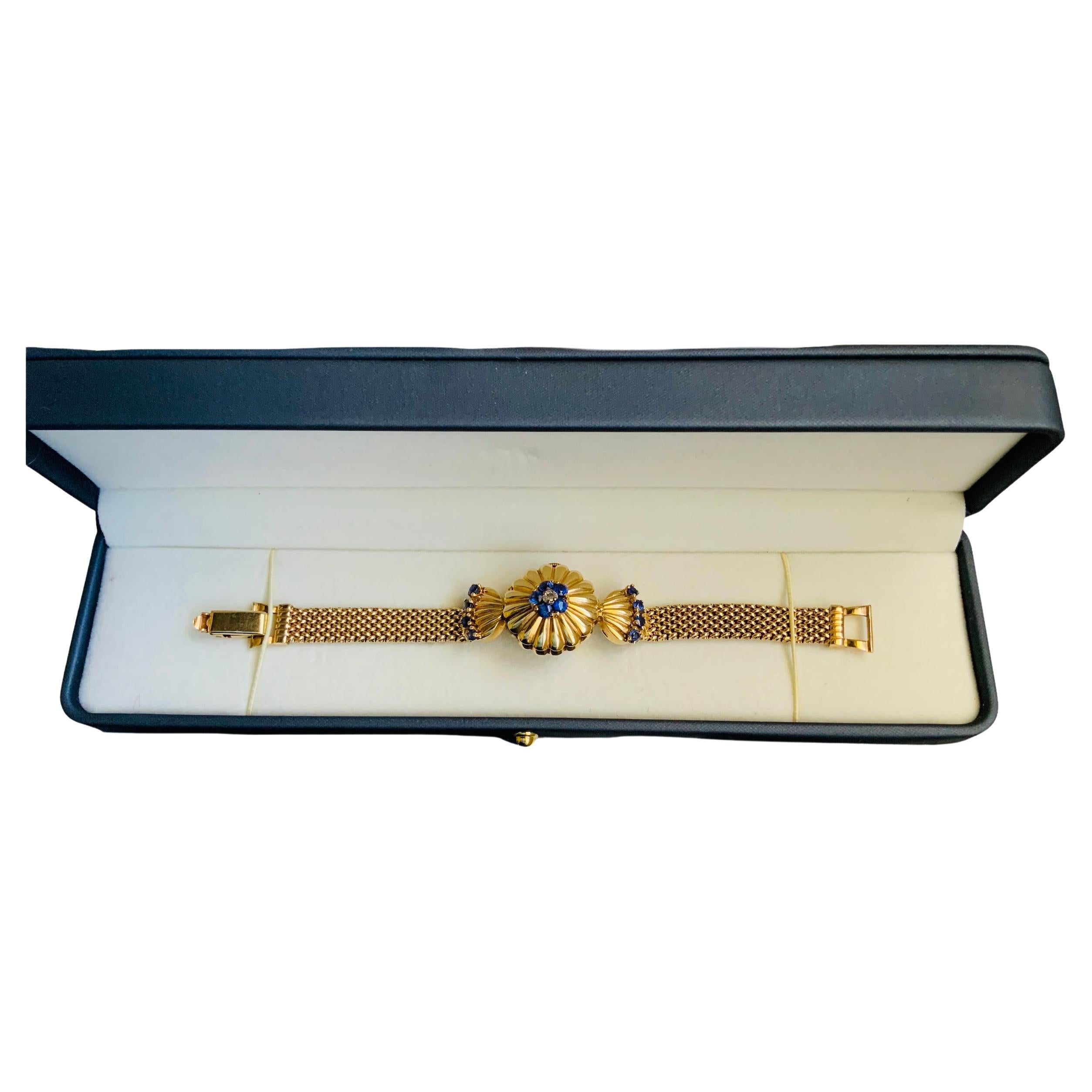 14K Gold, Diamond and Sapphires Hidden Watch Bracelet  For Sale