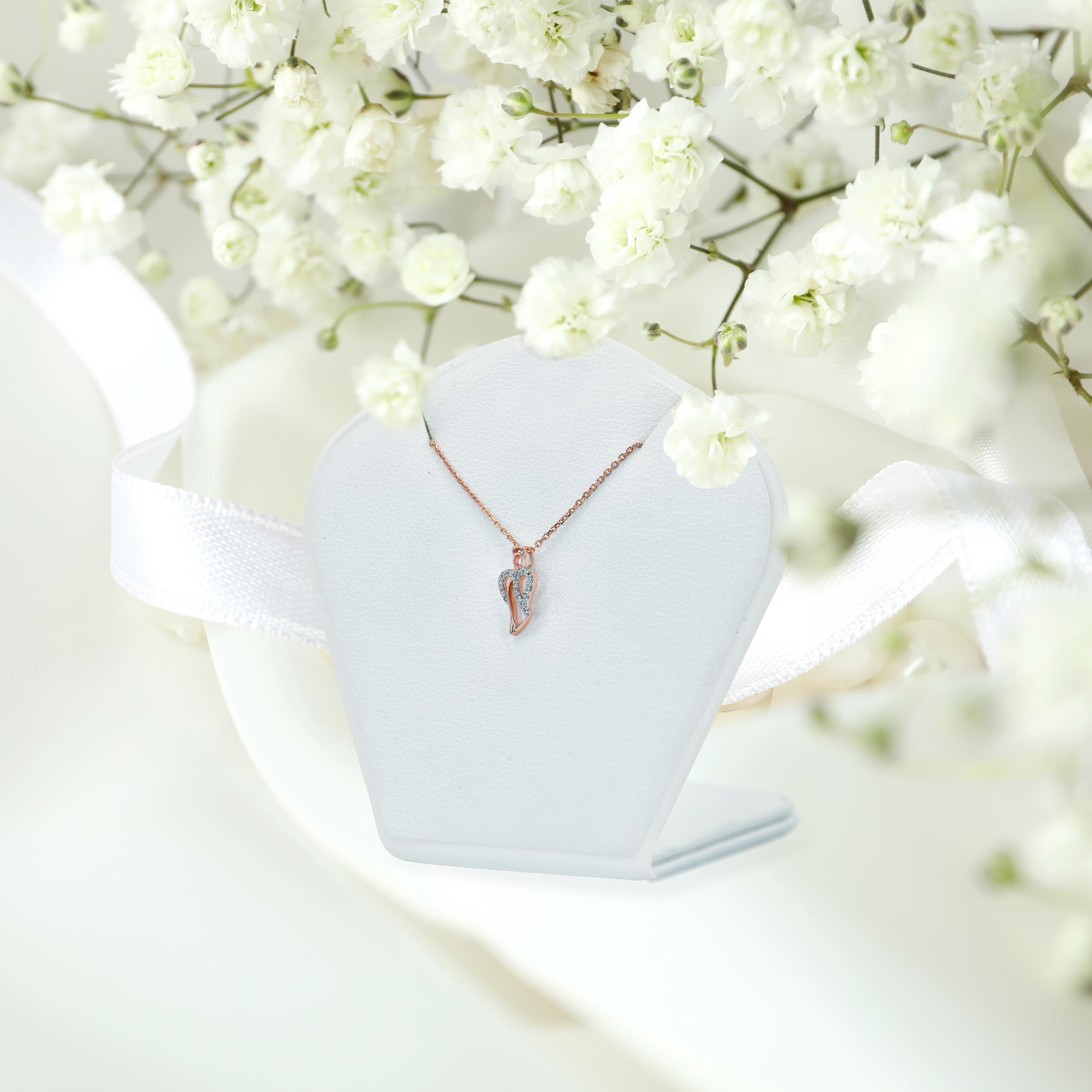 Modern 14k Gold Diamond Angle Necklace Minimalist Heart Guardian Angel Necklace For Sale