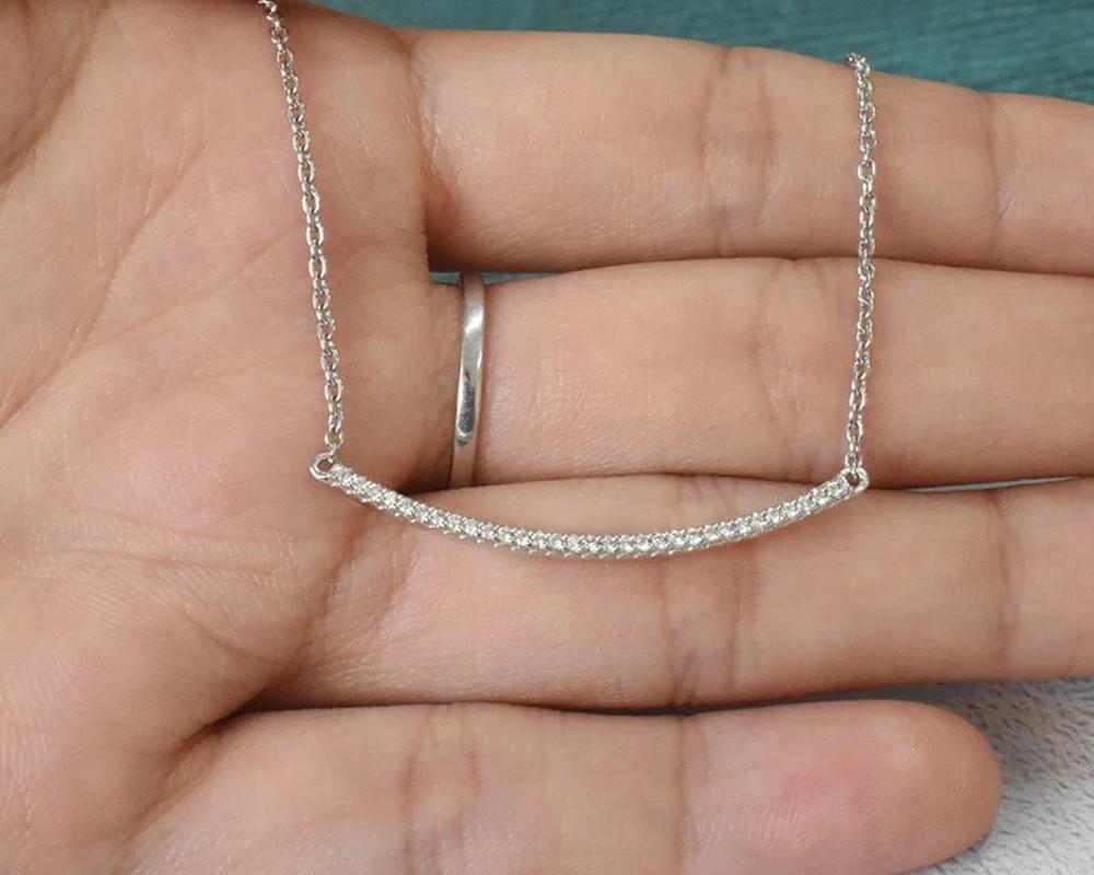 14k Gold Diamond Bar Necklace Curved Bar Necklace Bridal Necklace In New Condition For Sale In Bangkok, TH