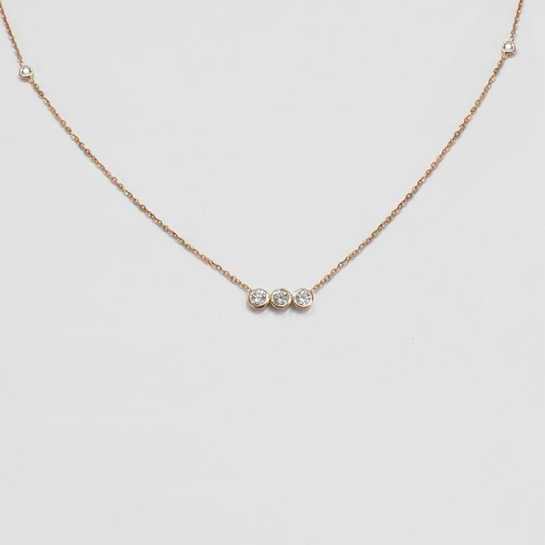 Round Cut 14k Gold Diamond Bezel Necklace Diamond Bar Necklace For Sale