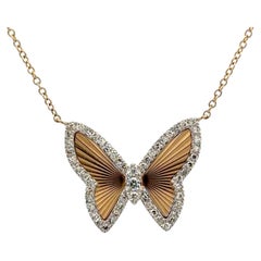 14K Gold Diamond Butterfly Necklace 0.26 Carat Pendant Two-Tone Gold Necklace