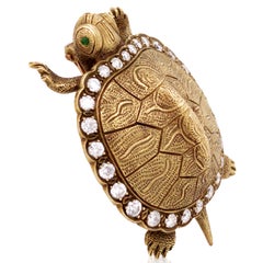 14K Gold Diamond Carved Turtle Brooch