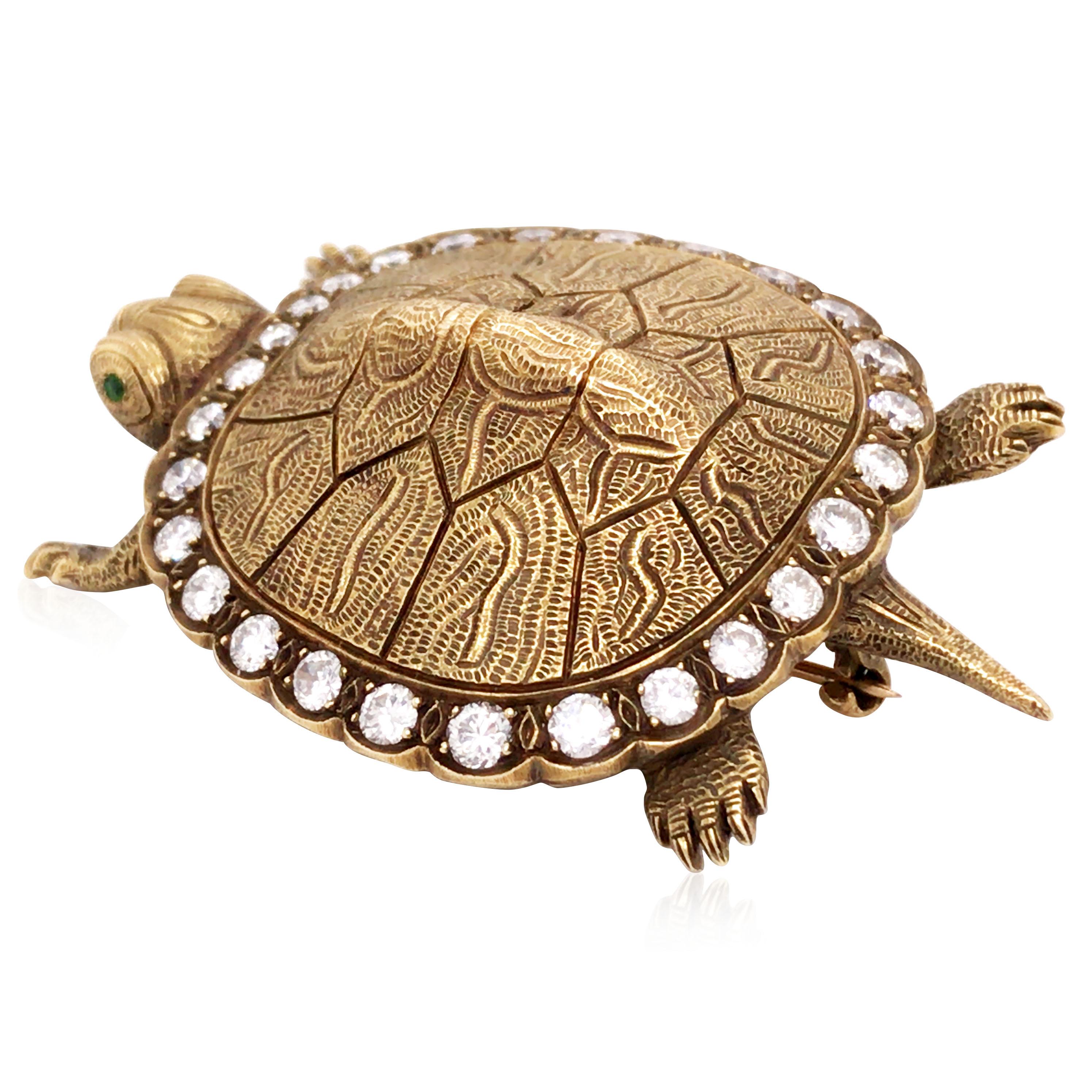 Round Cut 14K Gold Diamond Carved Turtle Brooch For Sale