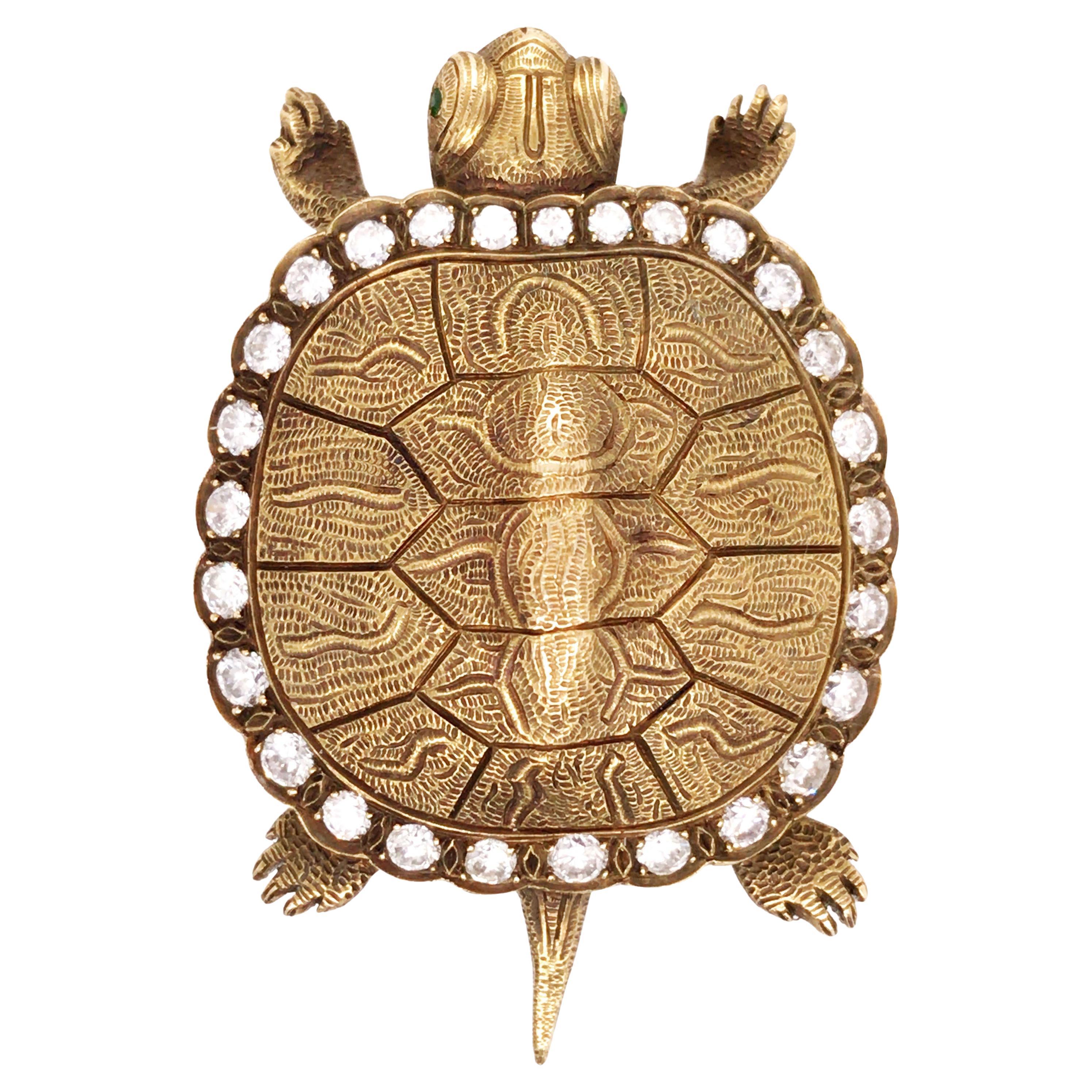 14K Gold Diamond Carved Turtle Brooch For Sale