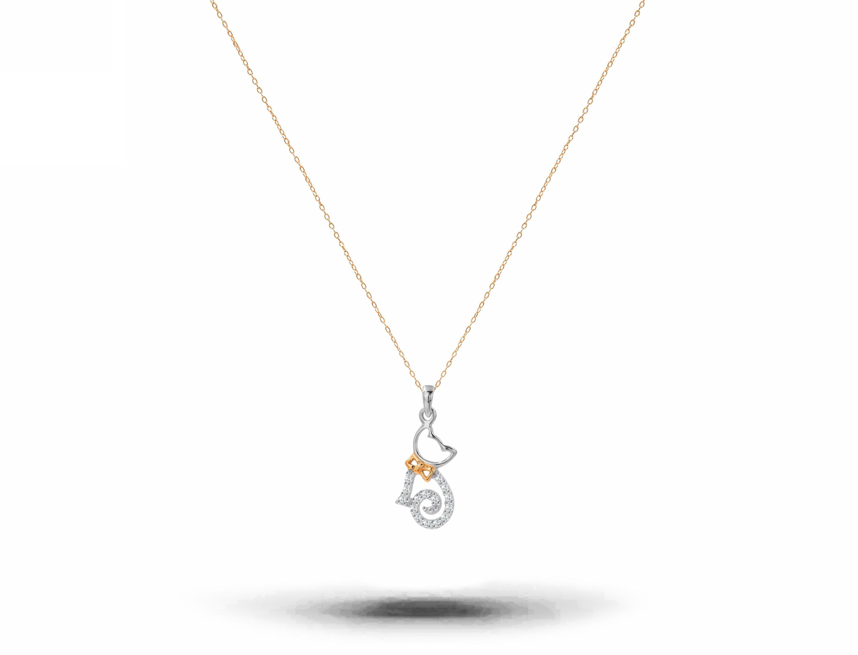 Diamond Cat Charm Necklace is made of 14k White and Rose Gold.

Natural genuine round cut diamond each diamond is hand selected by me to ensure quality and set by a master setter in our studio. Diamond charm attached to a dainty gold chain it would