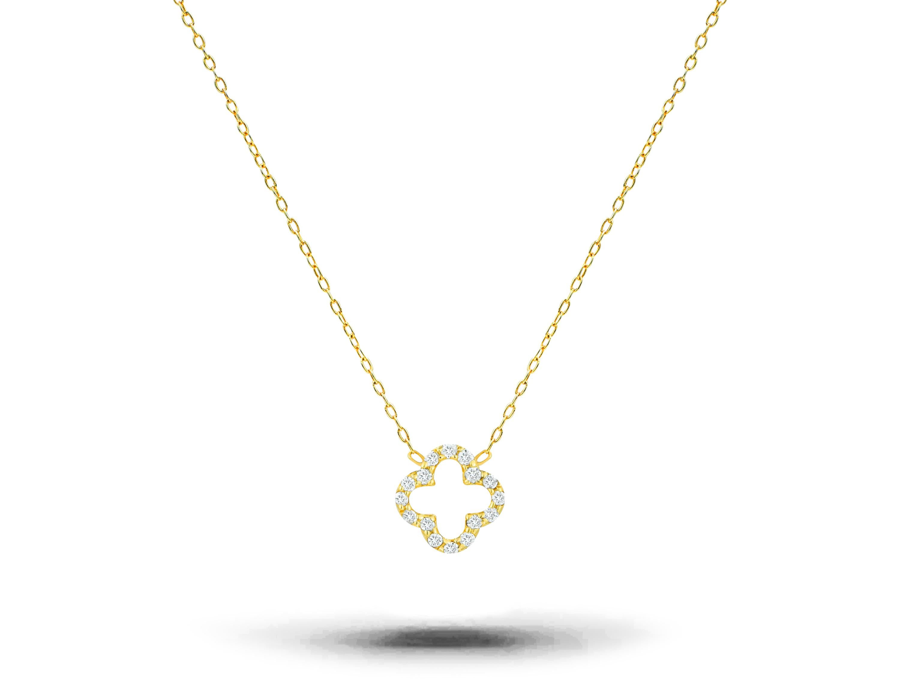 Moderne Collier trèfle en or 14k avec diamants Collier trèfle chanceux minimaliste en vente