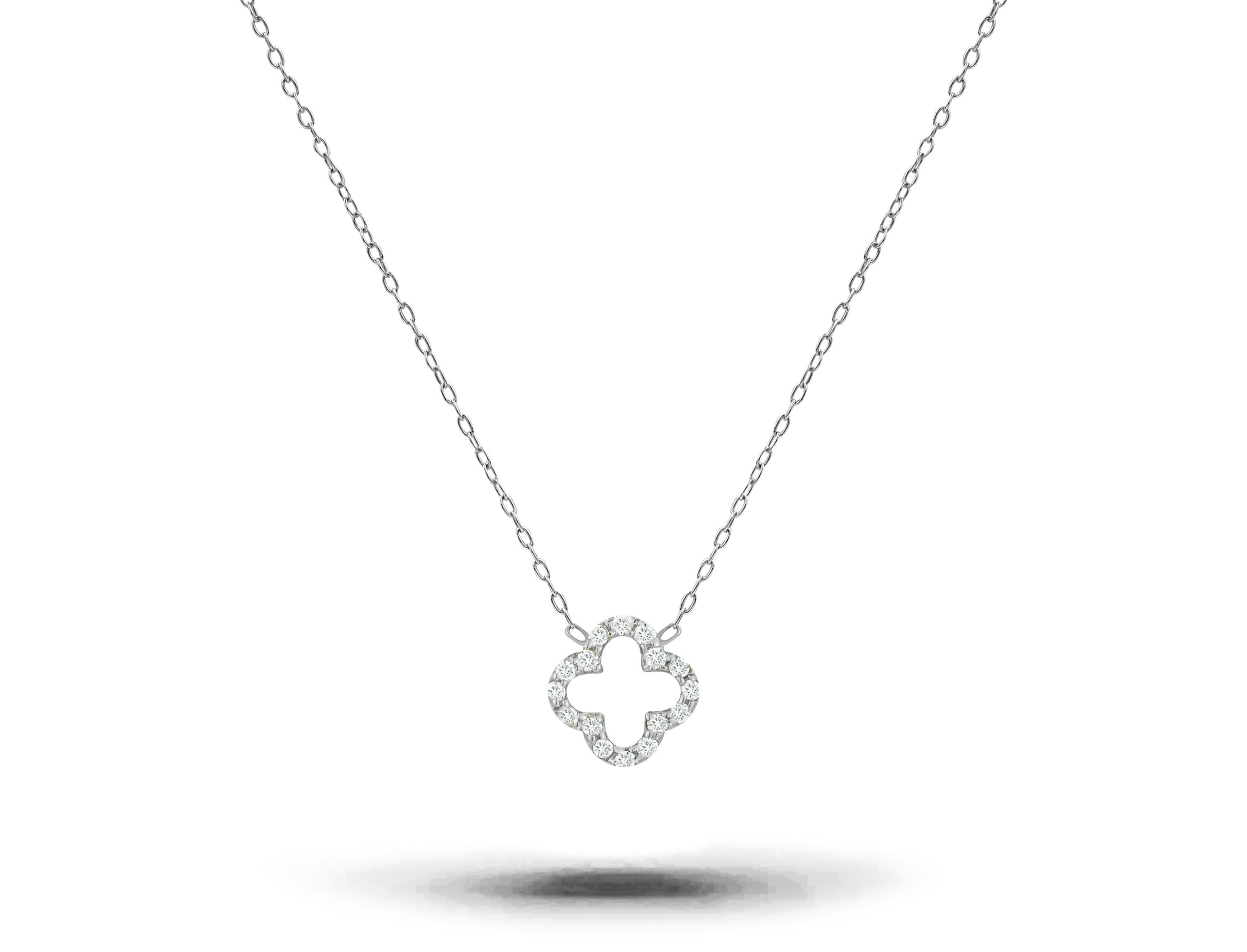 Modern 14k Gold Diamond Clover Necklace Minimalist Lucky Clover Necklace For Sale