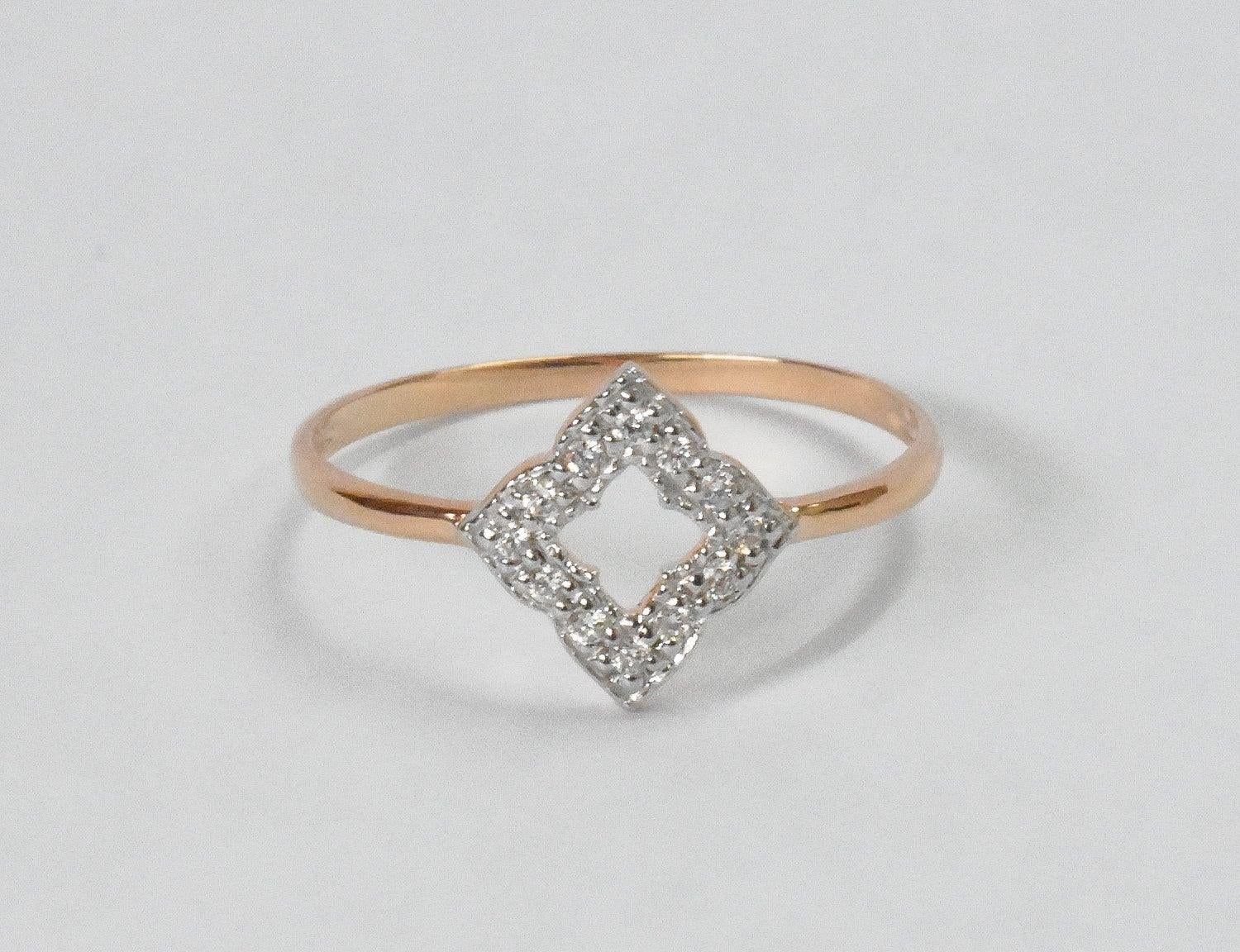 For Sale:  14k Gold Diamond Clover Ring Engagement Ring Stackable Diamond Ring 2