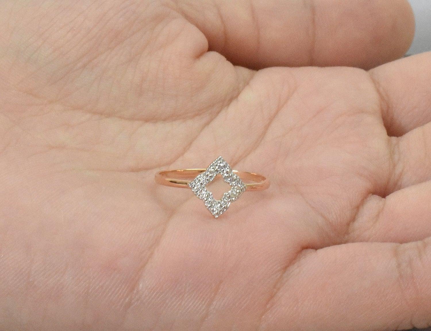 For Sale:  14k Gold Diamond Clover Ring Engagement Ring Stackable Diamond Ring 8