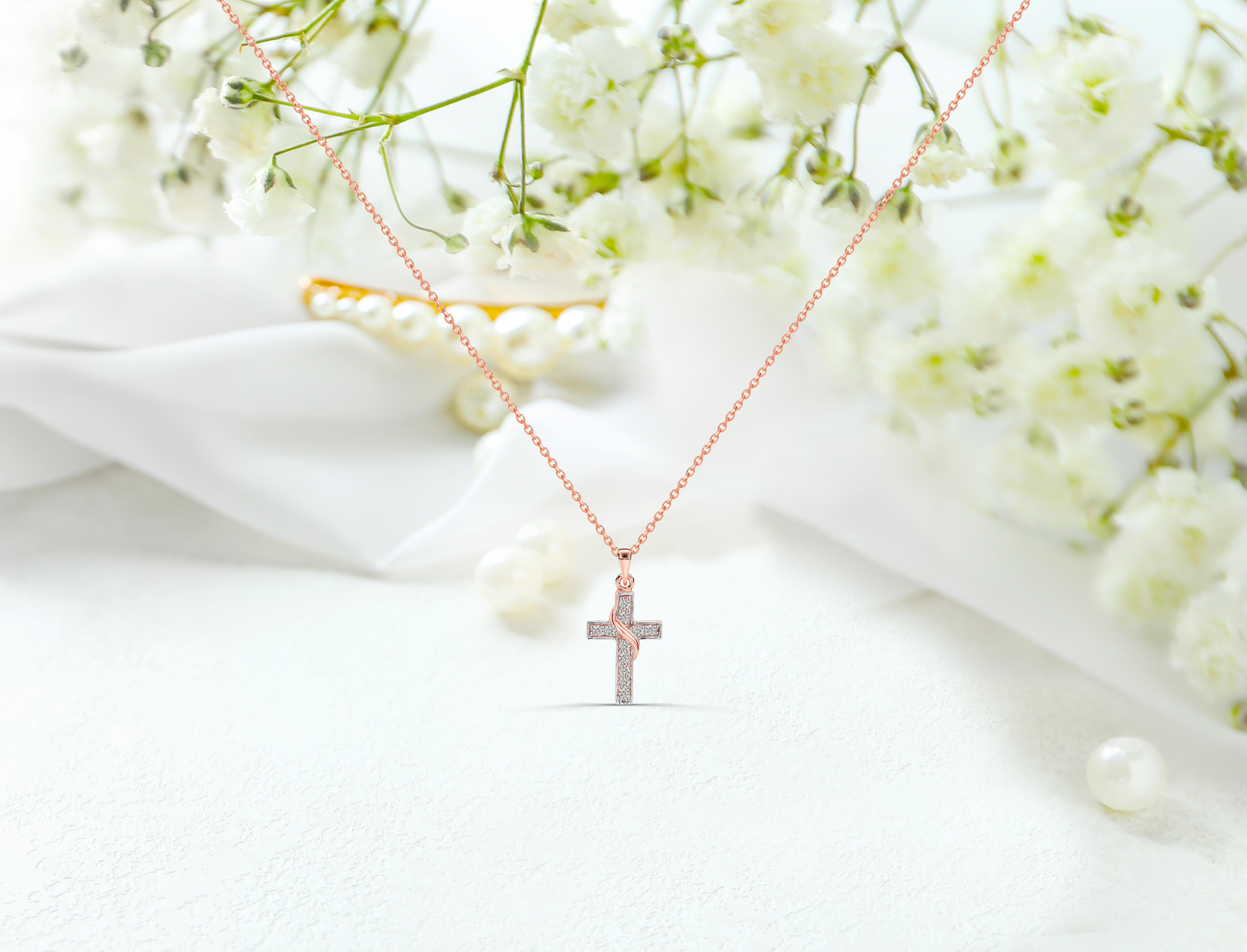 14k Gold Diamond Cross Necklace Baptism Confirmation Pendant For Sale 4