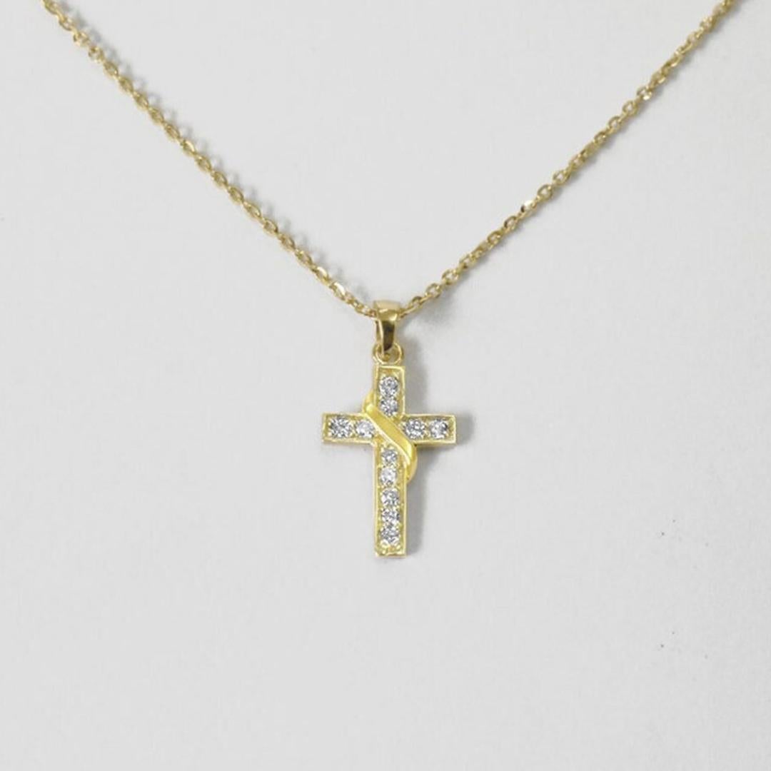 Pendentif baptêmefirmation en forme de croix en or 14 carats et diamants Unisexe en vente
