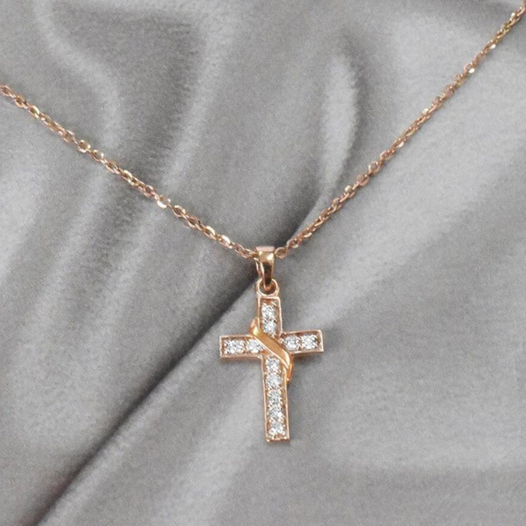 Round Cut 14k Gold Diamond Cross Necklace Baptism Confirmation Pendant For Sale