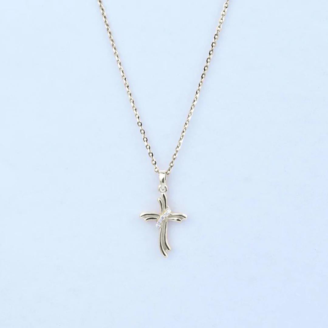 Round Cut 14k Gold Diamond Cross Necklace Diamond Cross Pendant Communion Gift For Sale