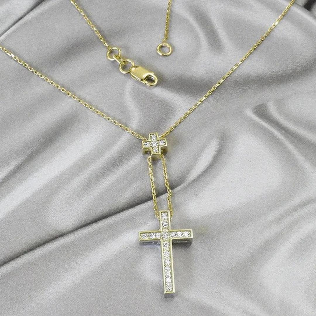 Taille ronde Collier croix en or 14 carats et diamants Lariat Collier croix en diamant en vente