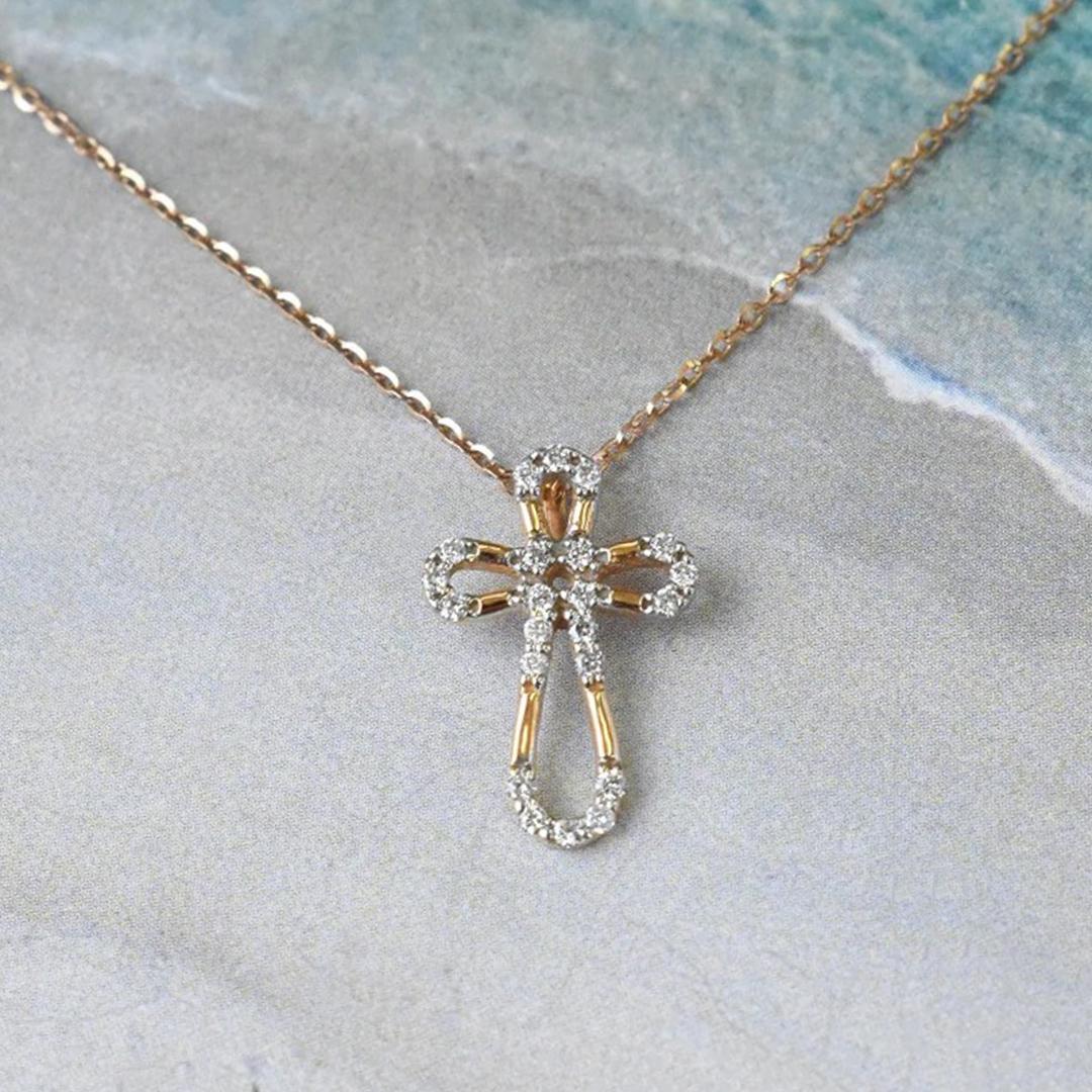 Women's or Men's 14K Gold Diamond Cross Necklace Religious Diamond Necklace For Sale