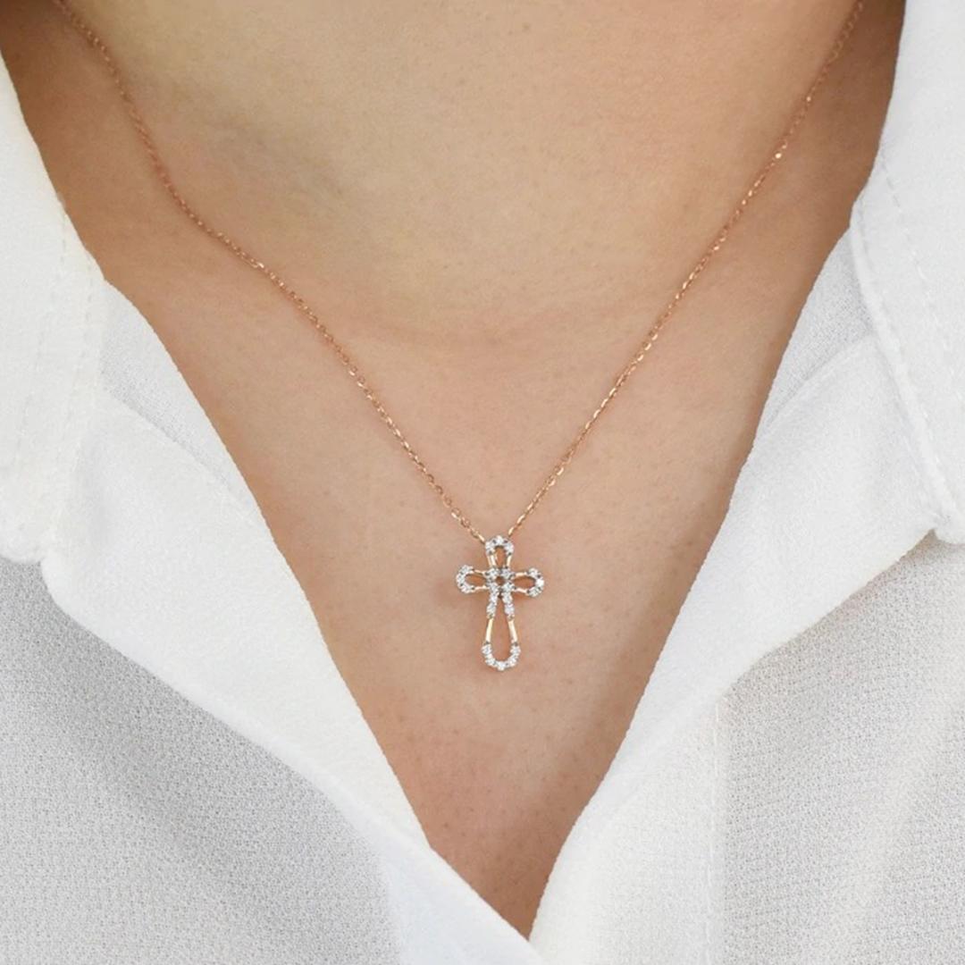 14K Gold Diamond Cross Necklace Religious Diamond Necklace For Sale 1