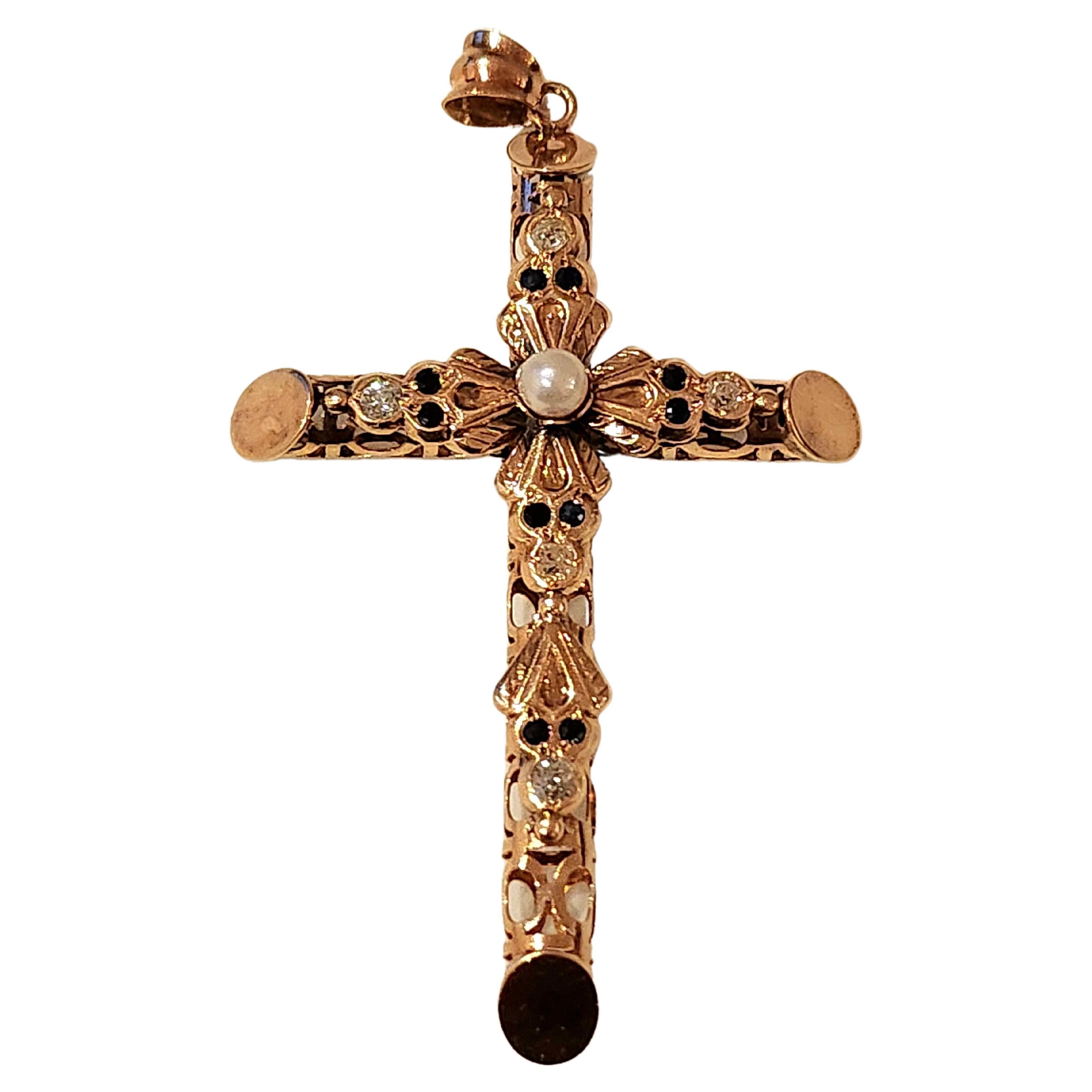 Antique Large cross in open work style centered with 5 old mine cut diaminds and a natural pearl estimate diamond weight of 0.50 carats cross is in open work style and detailed workmanship cross lenght 8cm hall marked 583 for 14k gold and initial