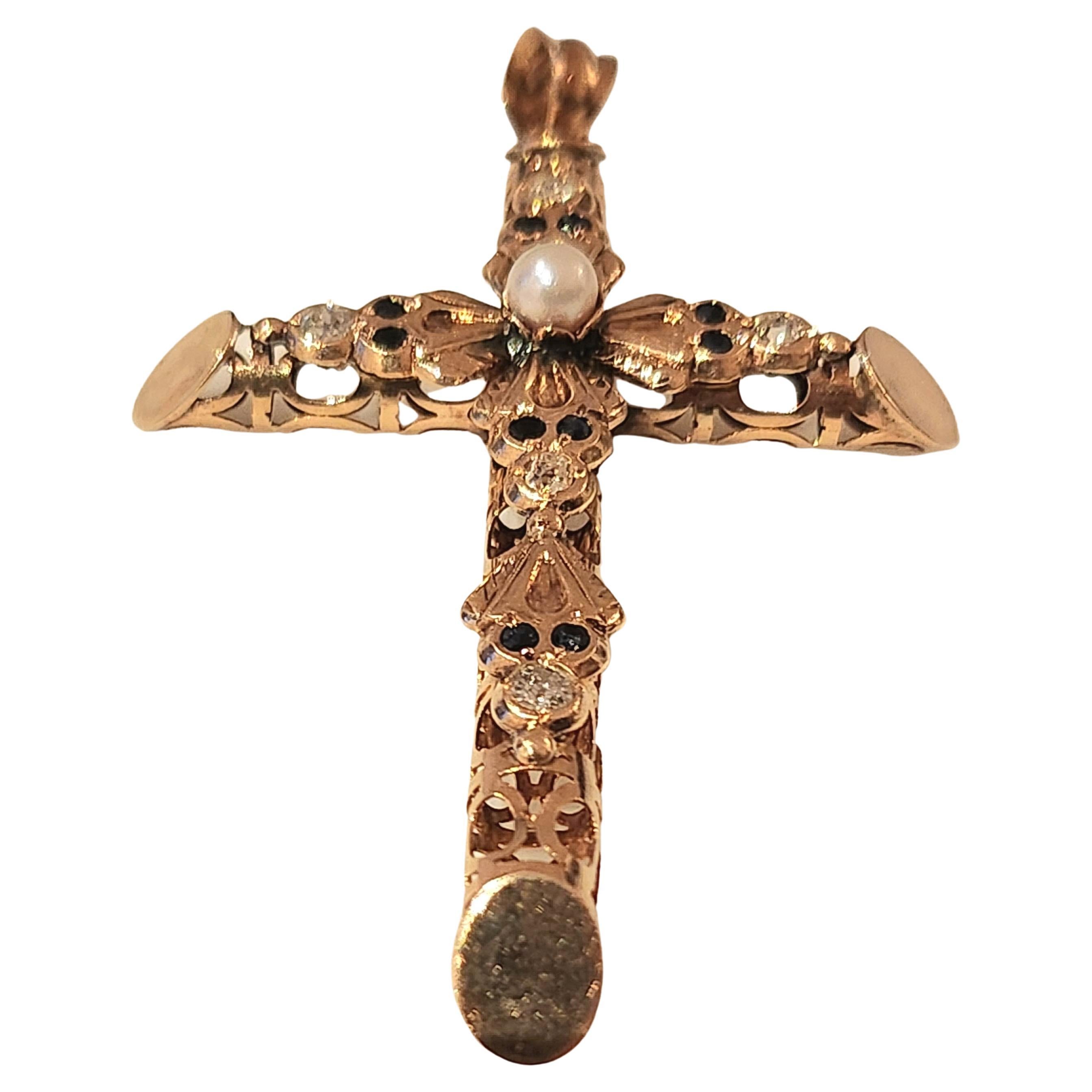 Women's Antique Diamond Gold Cross Pendant For Sale