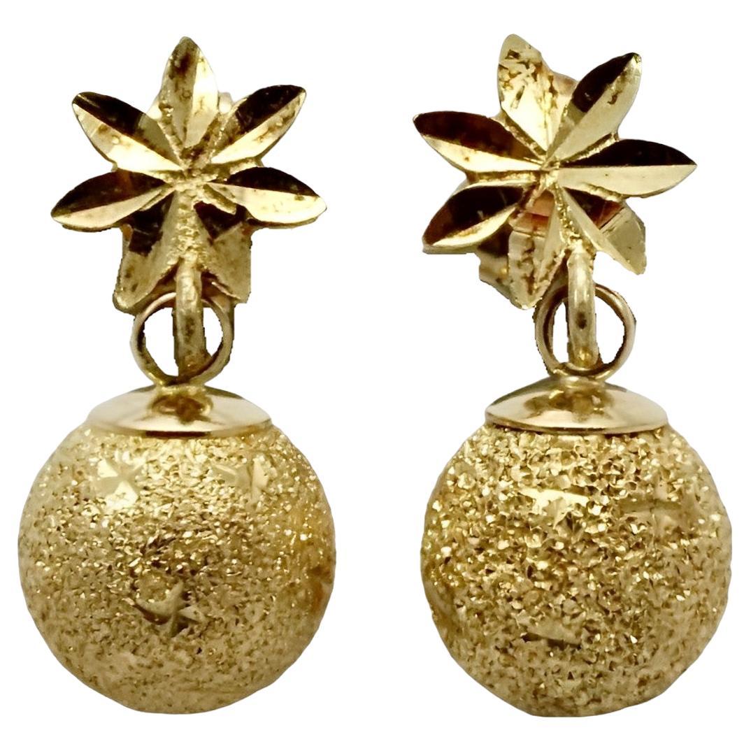 14K Gold Diamond Cut Flower and Textured Ball Earrings For Sale