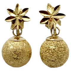 14K Gold Diamond Cut Flower and Textured Ball Earrings