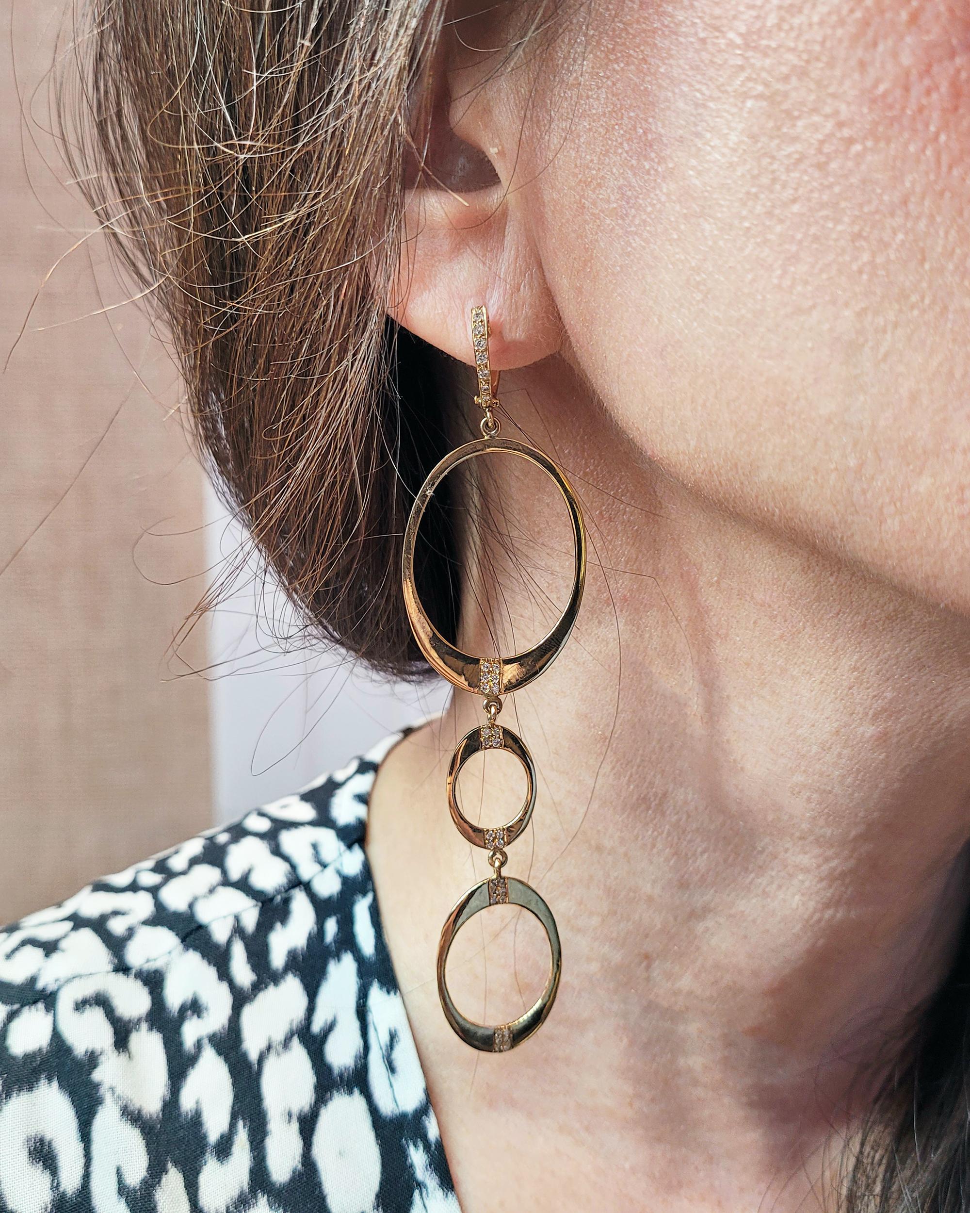 Contemporary 14k Gold Diamond Dangling Hoop Earrings For Sale