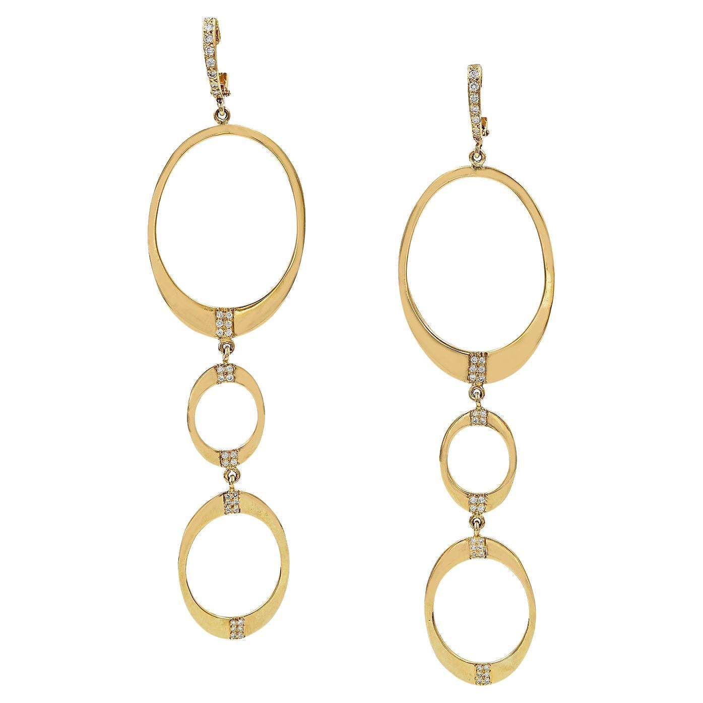 14k Gold Diamond Dangling Hoop Earrings For Sale