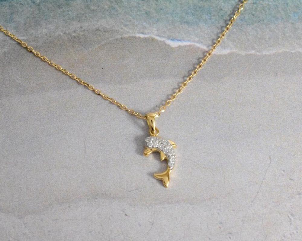 Modern 14k Gold Diamond Dolphin Necklace Sea Life Dainty Dolphin Charm For Sale