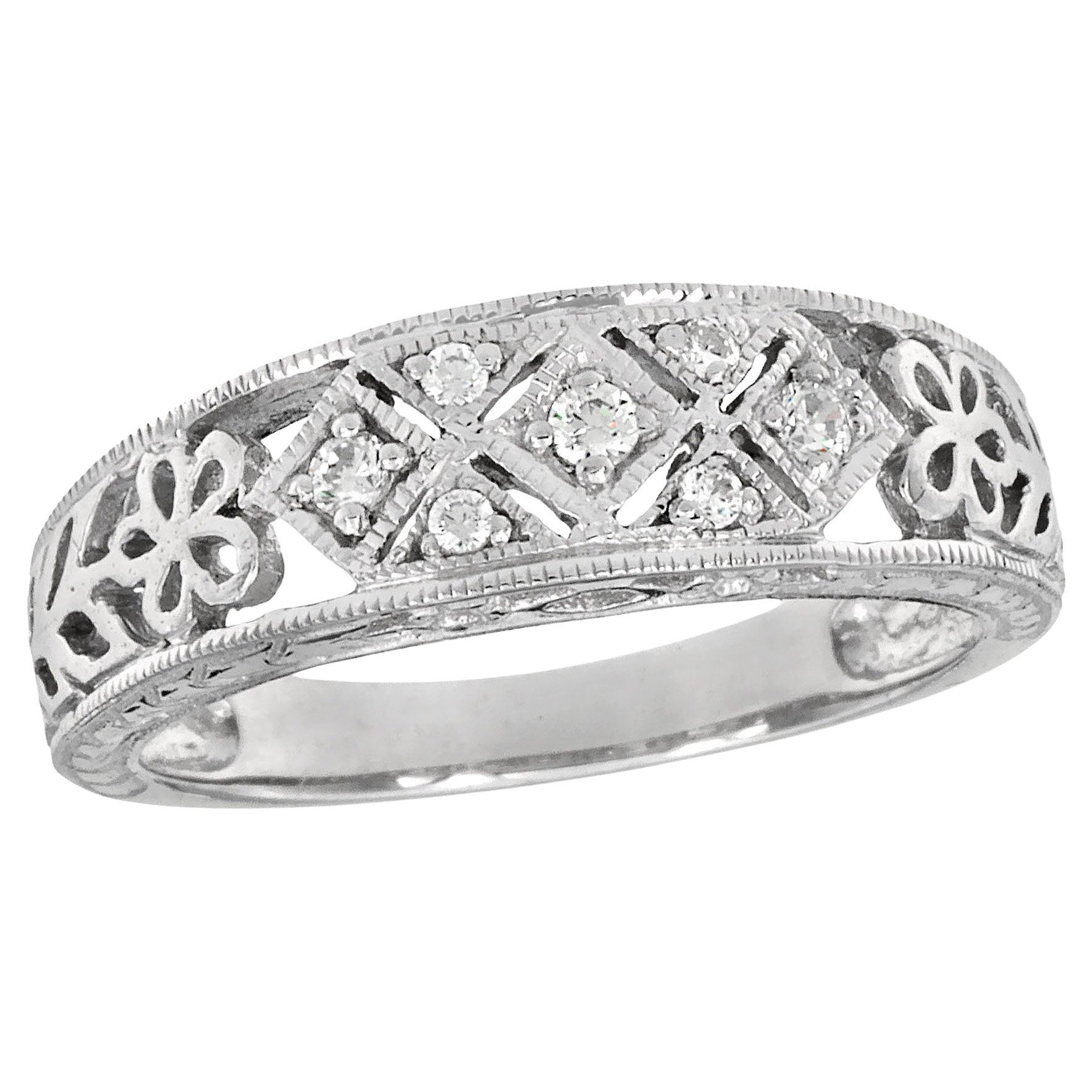14K Gold Diamond Edwardian Style Floral Filigree Verlobungsring im Angebot