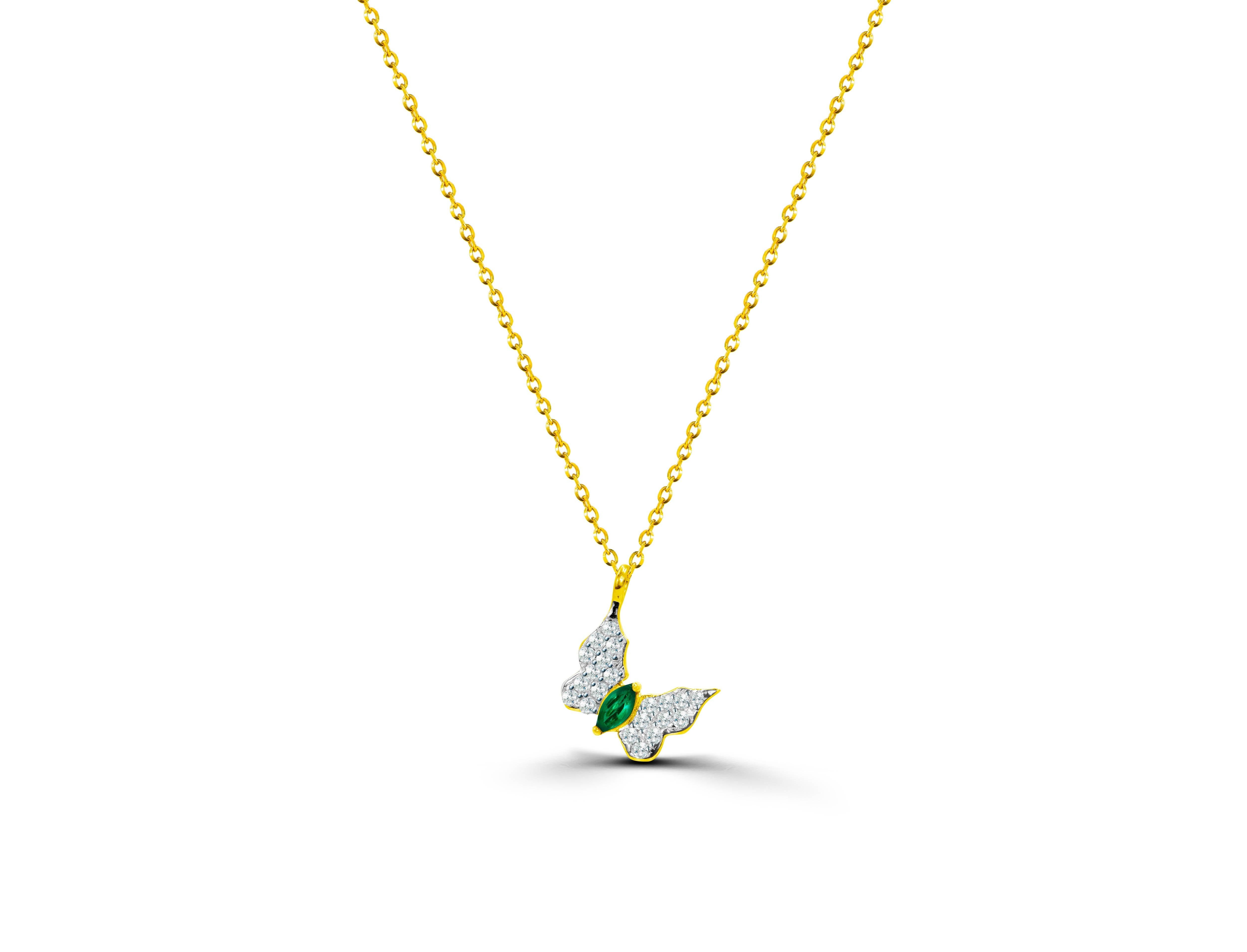 Modern 14k Gold Diamond Emerald Butterfly Necklace For Sale