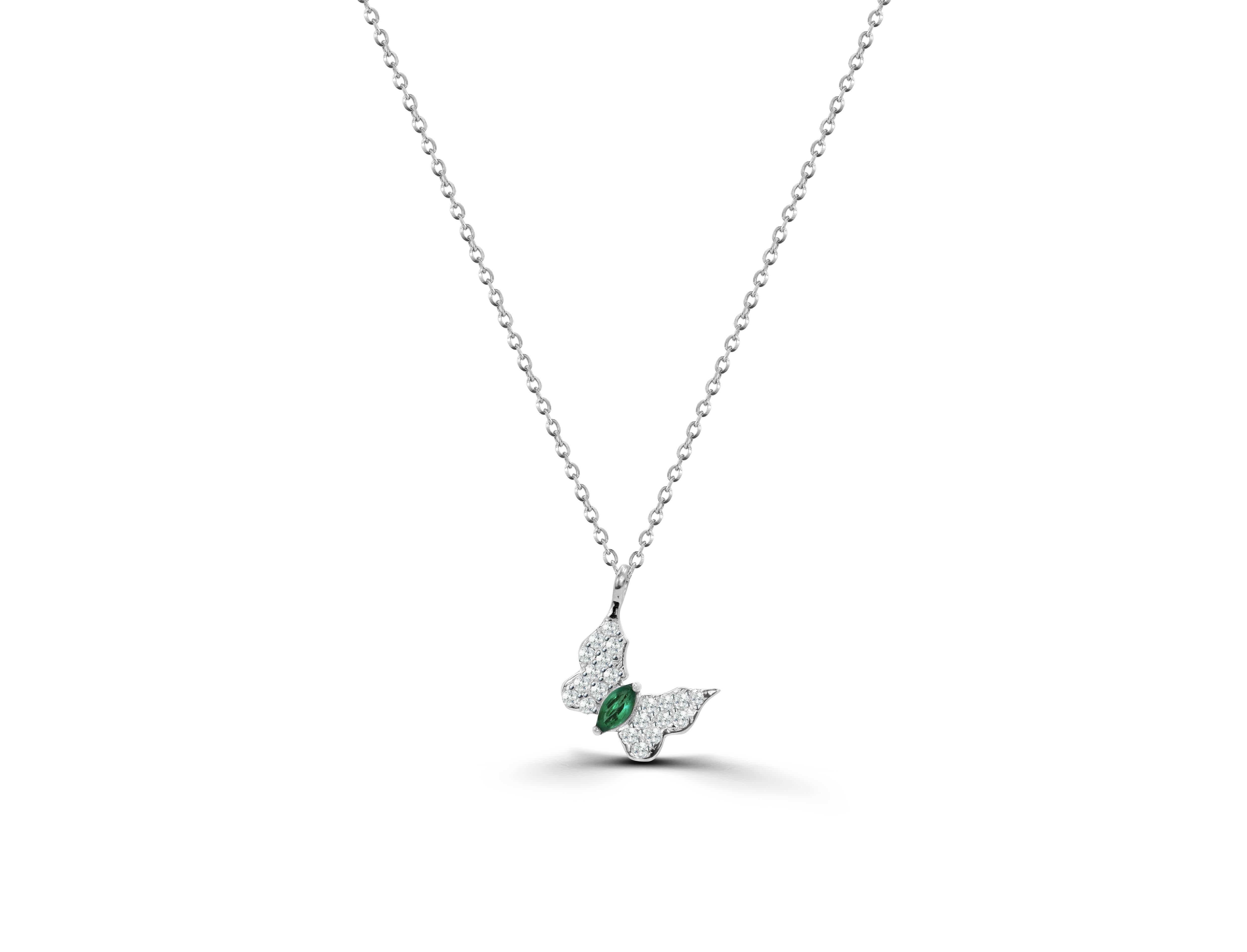 Marquise Cut 14k Gold Diamond Emerald Butterfly Necklace For Sale