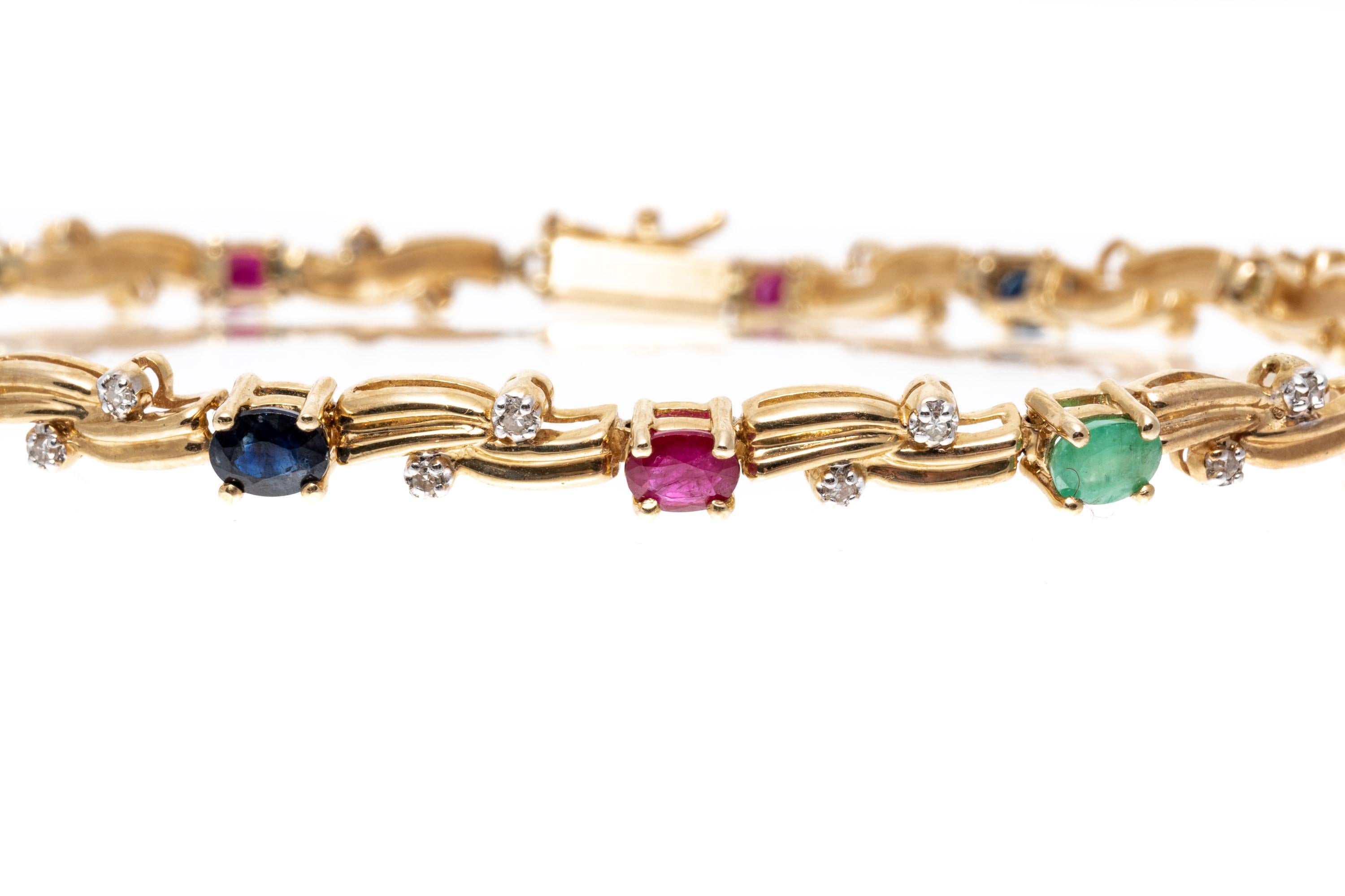 14K Yellow Gold Diamond, Emerald, Sapphire and Ruby Line Bracelet 1
