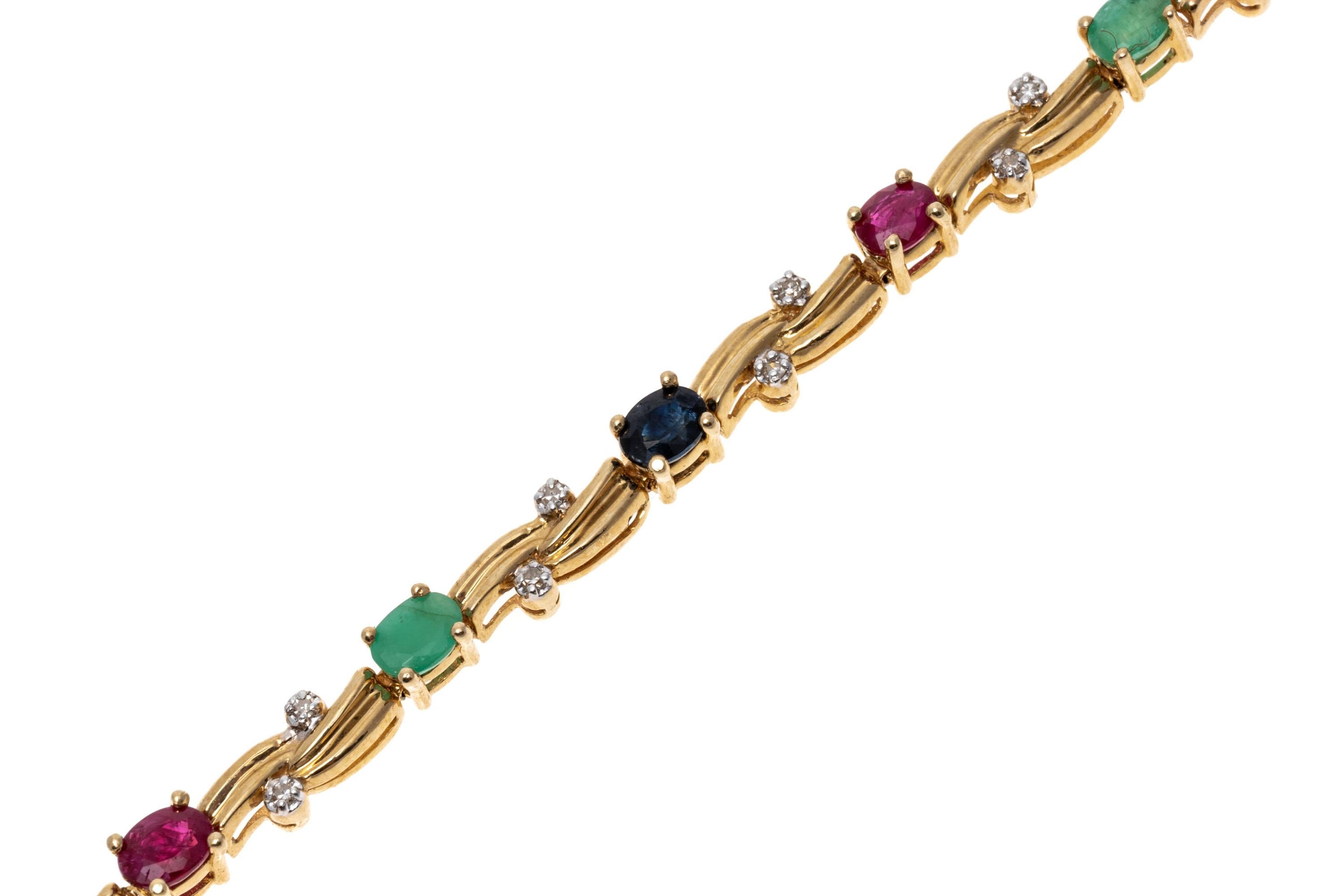 Oval Cut 14K Yellow Gold Diamond, Emerald, Sapphire and Ruby Line Bracelet