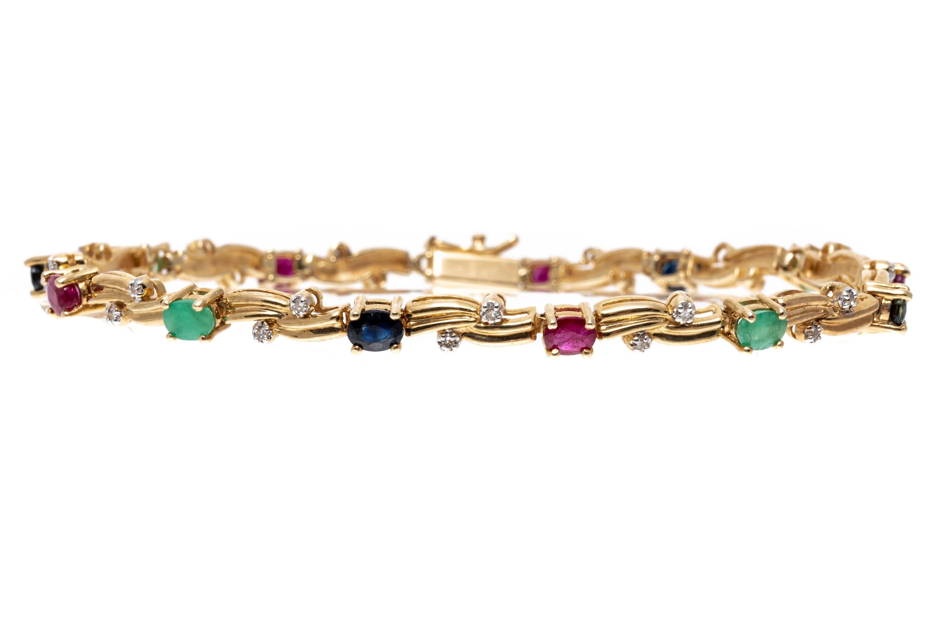 14K Yellow Gold Diamond, Emerald, Sapphire and Ruby Line Bracelet In Good Condition In Southport, CT