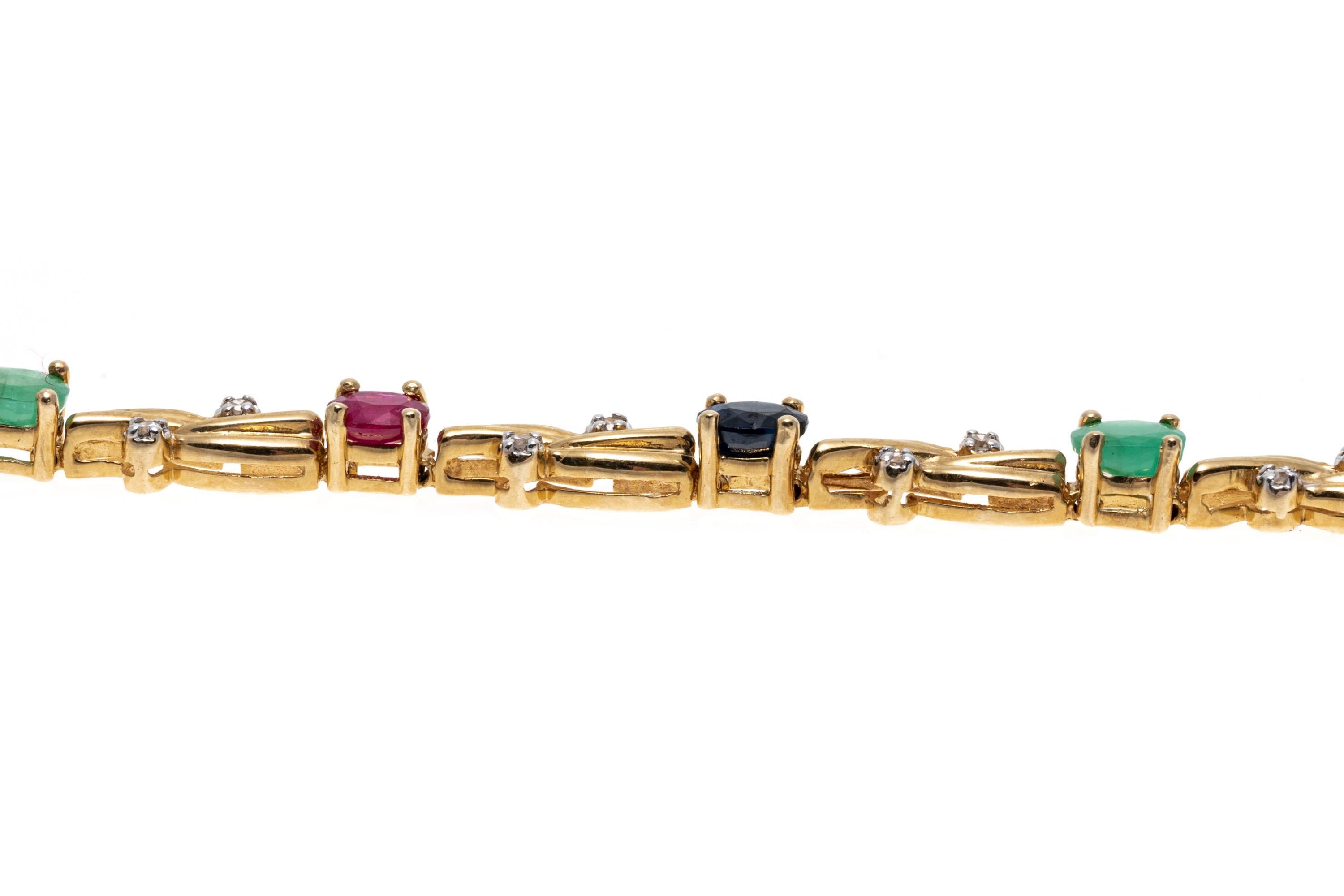 Women's 14K Yellow Gold Diamond, Emerald, Sapphire and Ruby Line Bracelet