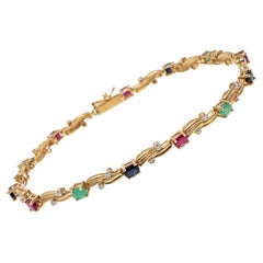 14K Yellow Gold Diamond, Emerald, Sapphire and Ruby Line Bracelet