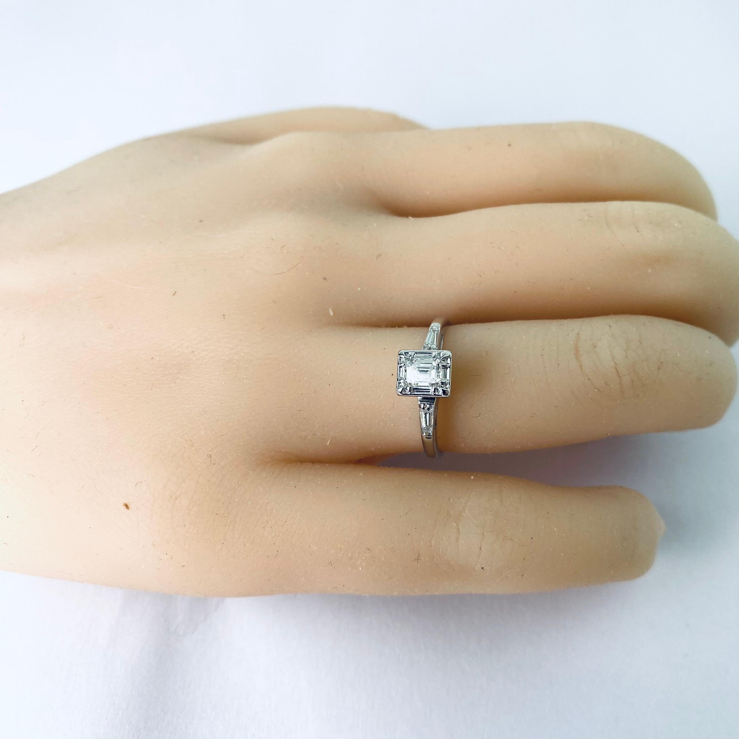  14 Karat Gold Diamond Engagement Ring Emerald-Cut Diamond and Baguette Accent For Sale 5