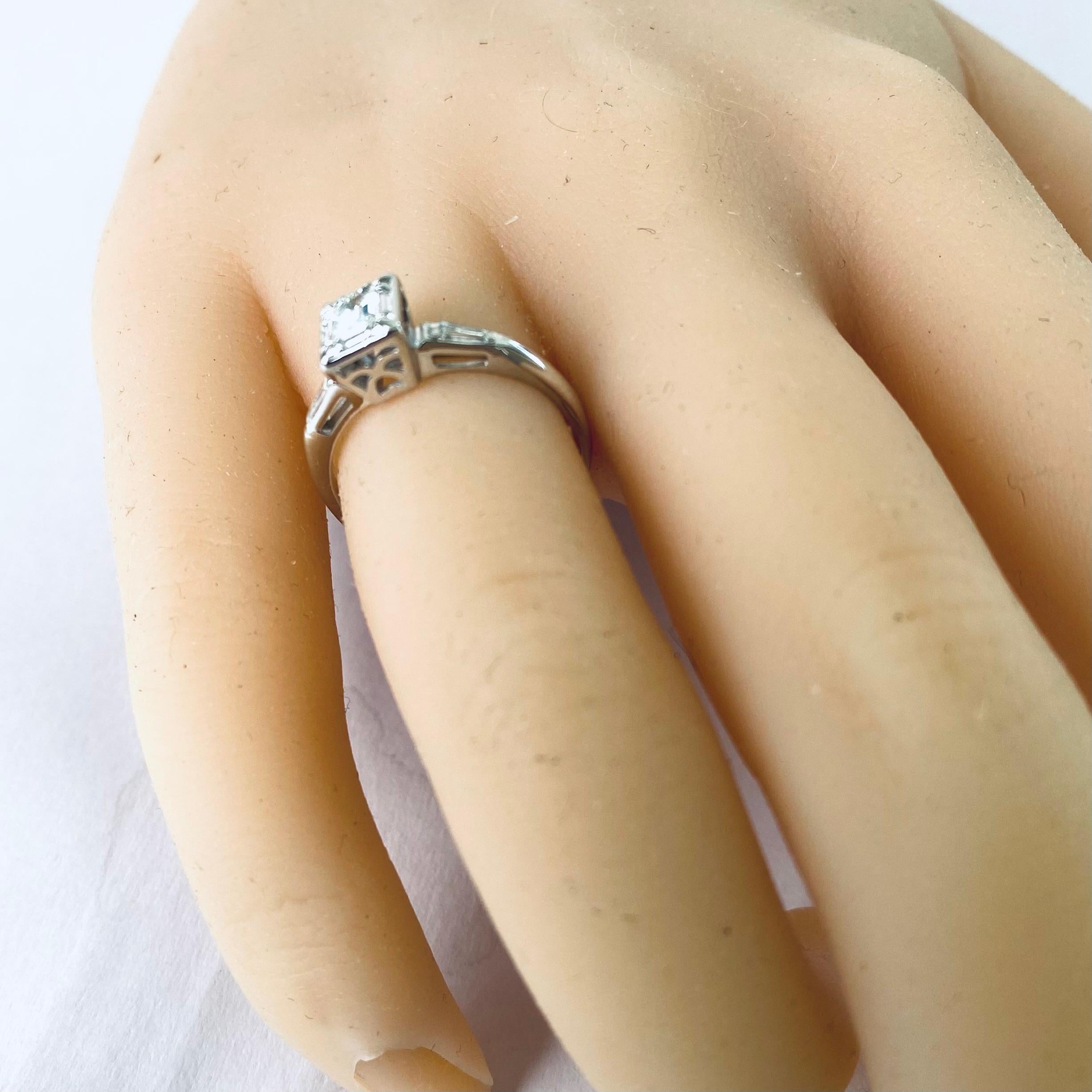  14 Karat Gold Diamond Engagement Ring Emerald-Cut Diamond and Baguette Accent For Sale 8