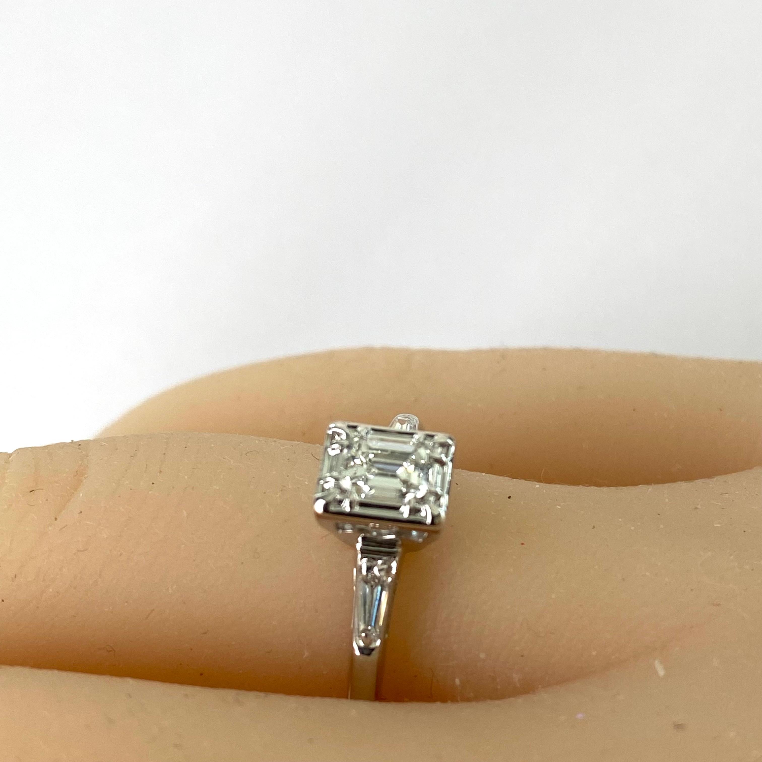 Contemporary  14 Karat Gold Diamond Engagement Ring Emerald-Cut Diamond and Baguette Accent For Sale