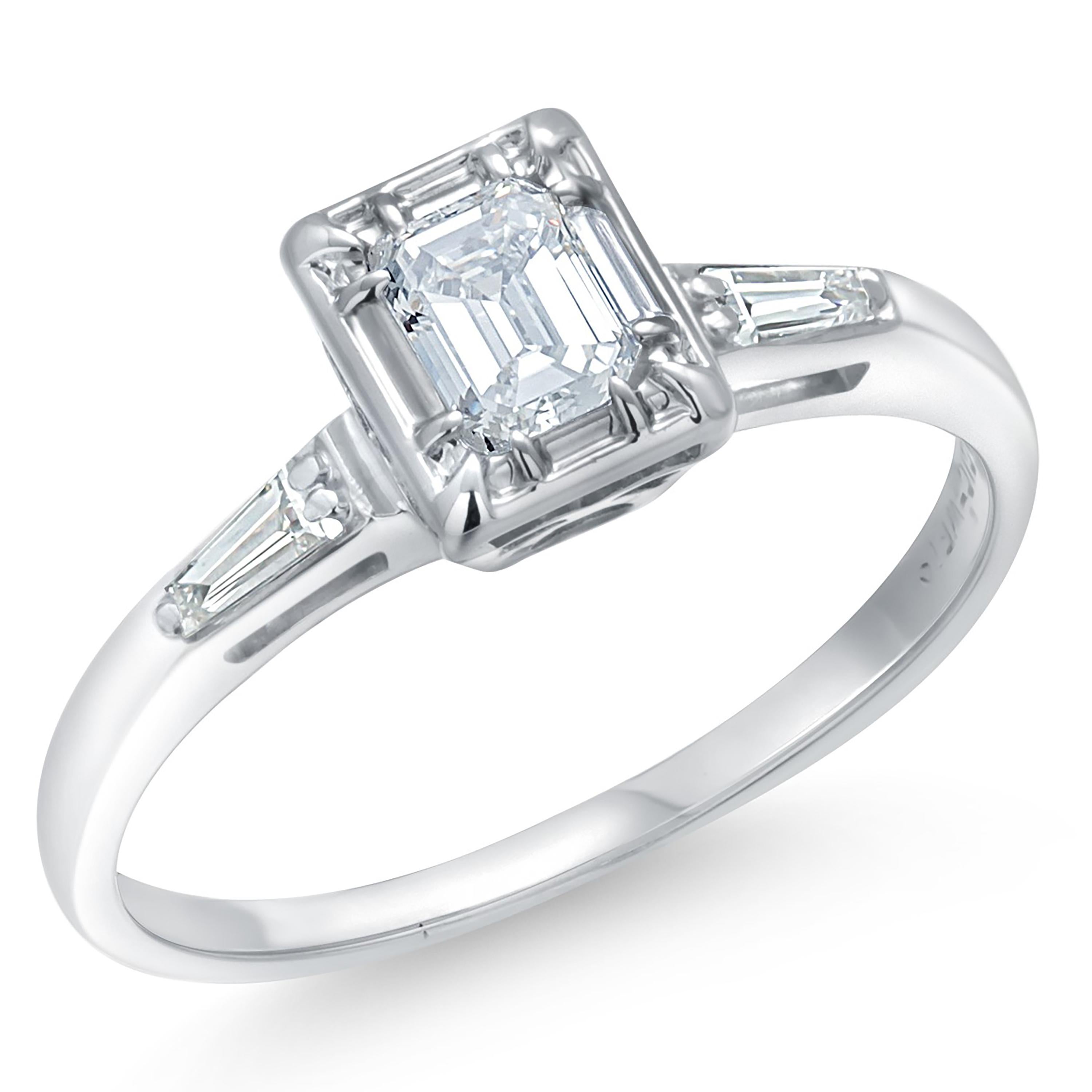 Emerald Cut  14k Gold Diamond Engagement Ring Emerald-Cut Center Diamond and Baguette Accent For Sale