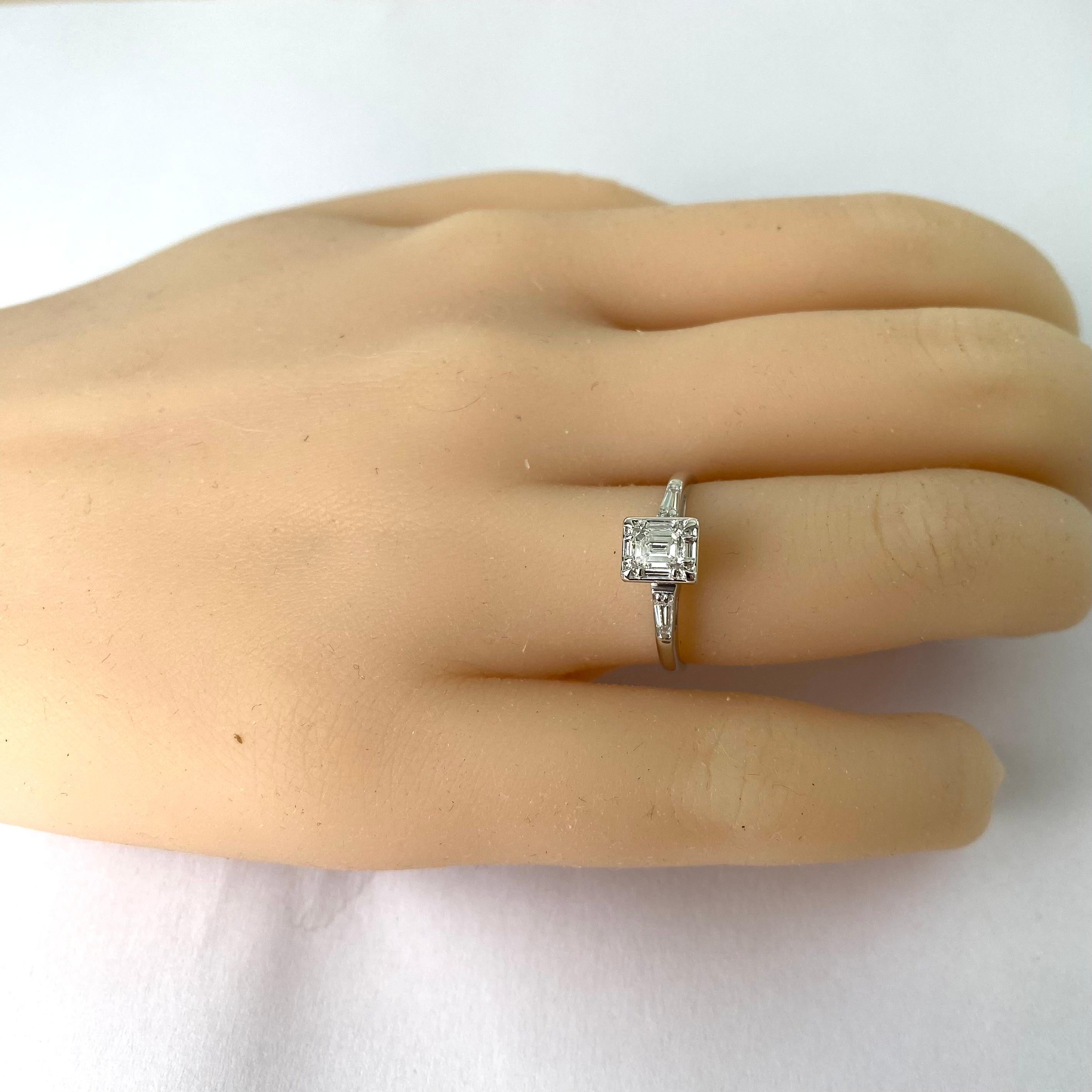  14k Gold Diamond Engagement Ring Emerald-Cut Center Diamond and Baguette Accent In Good Condition For Sale In New York, NY