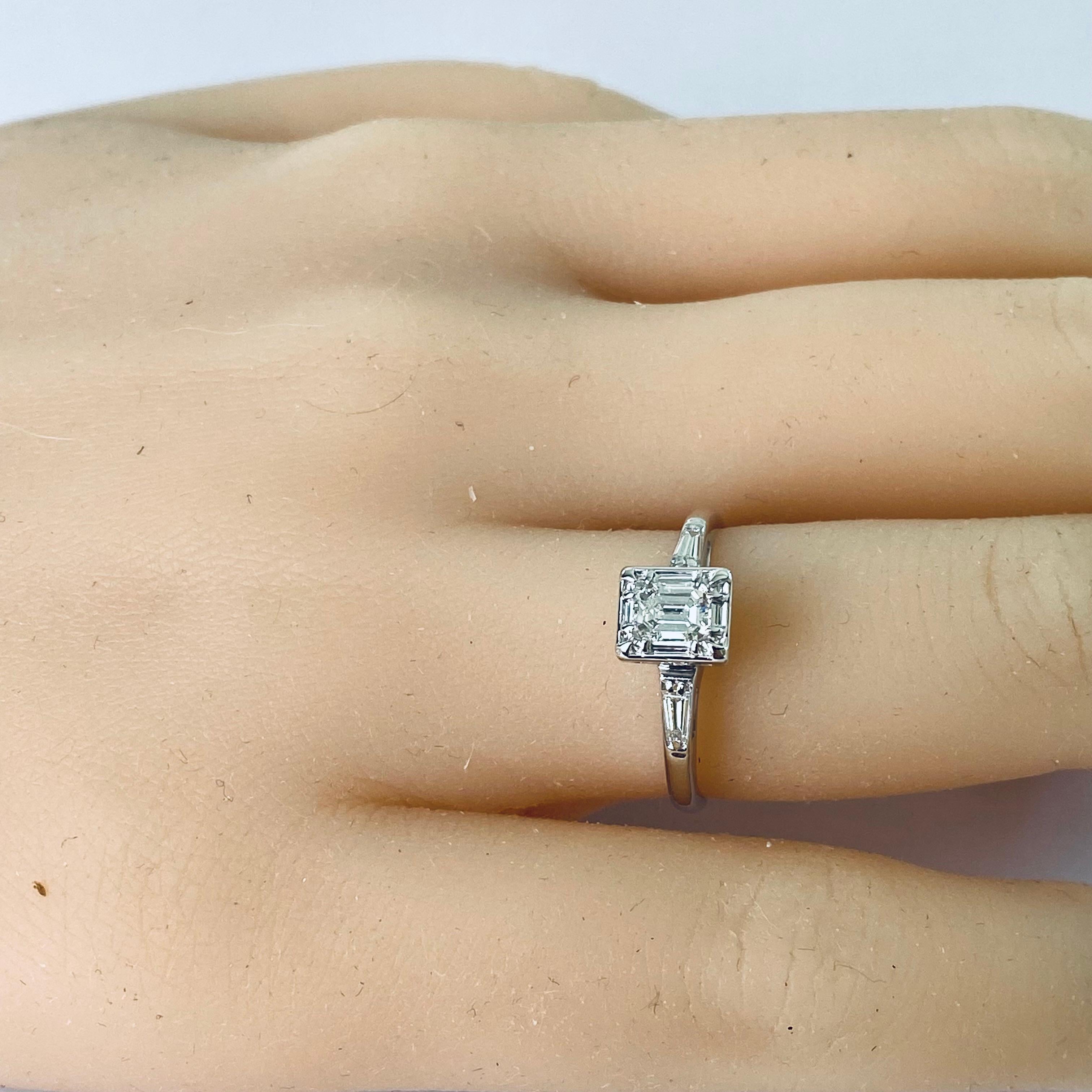  14 Karat Gold Diamond Engagement Ring Emerald-Cut Diamond and Baguette Accent For Sale 2