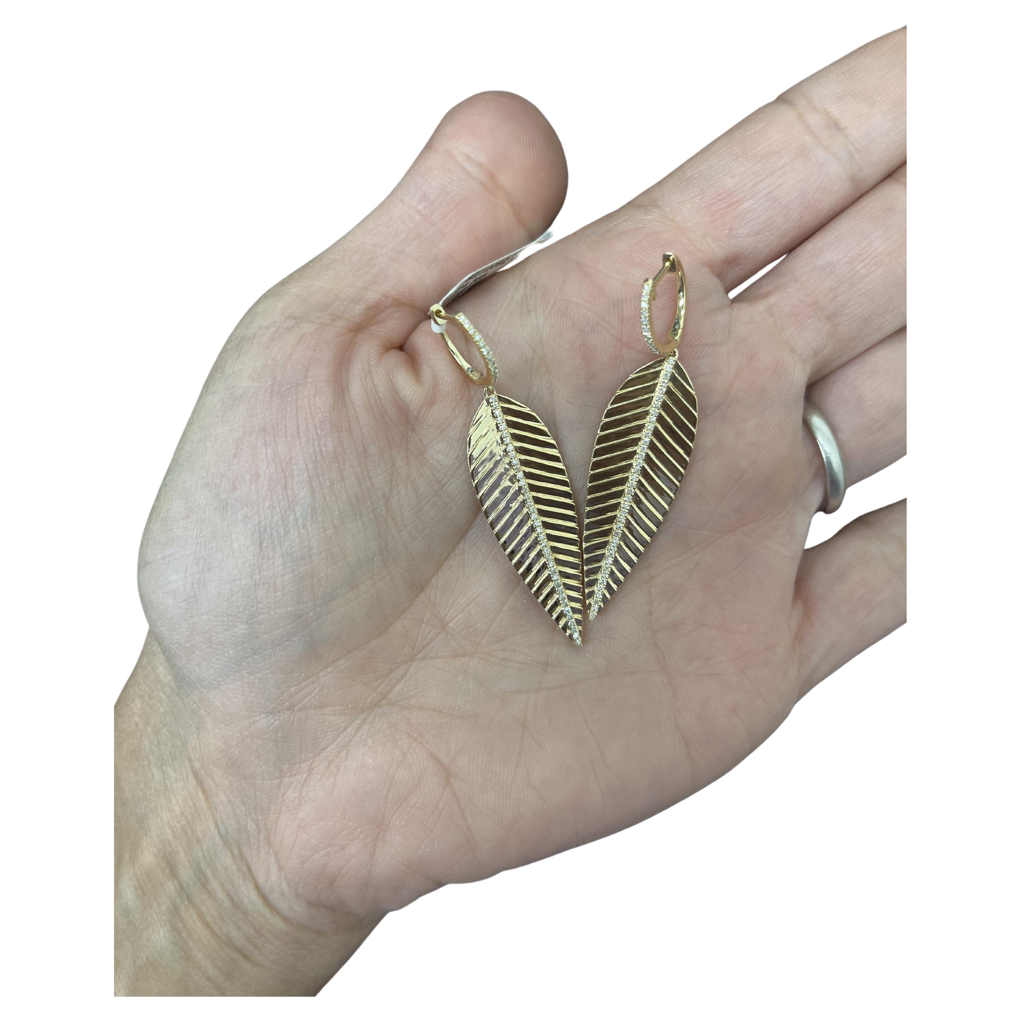 14k Gold Diamond Feather Dangle Earrings For Sale