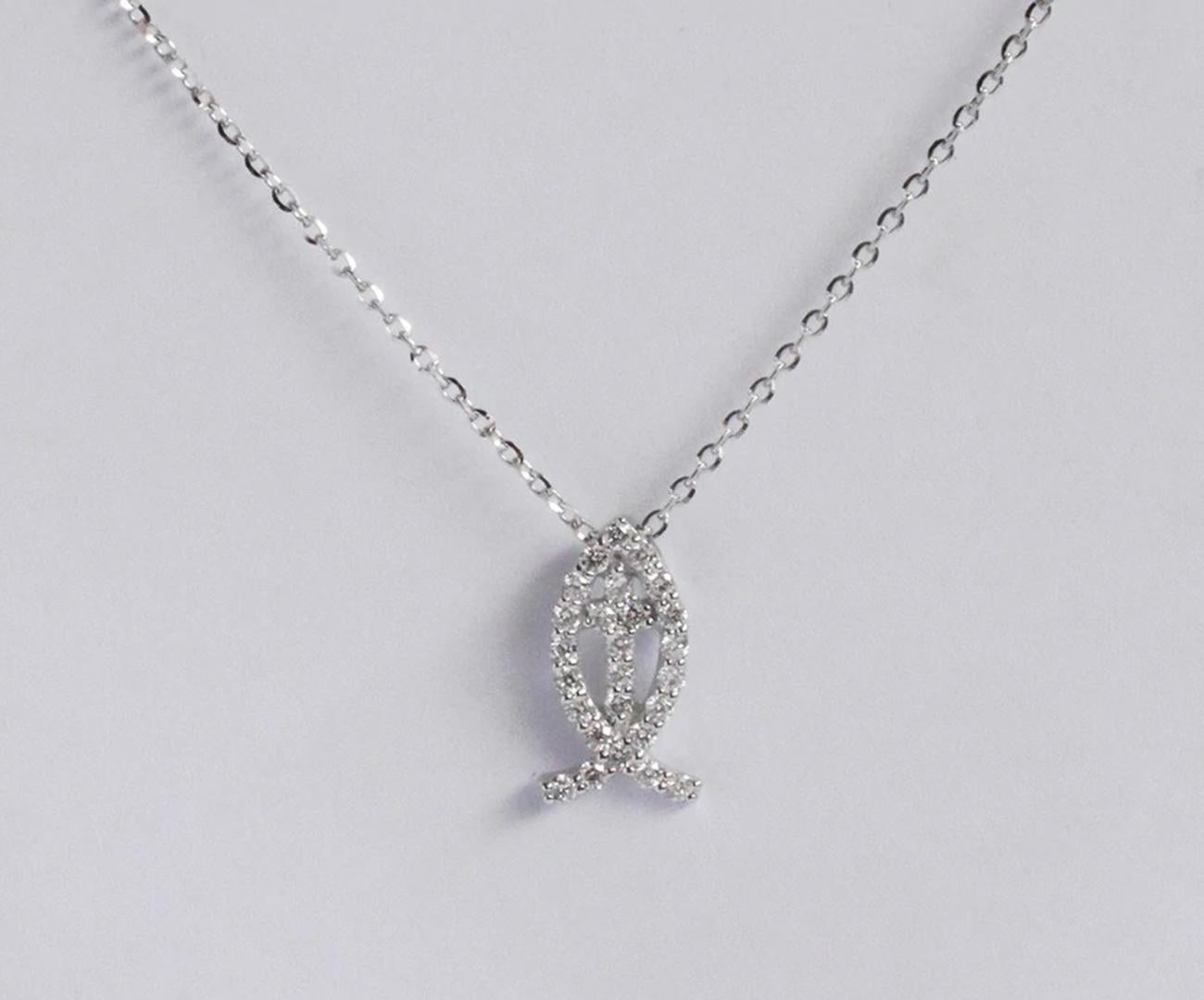 Round Cut 14K Gold Diamond Fish Cross Necklace Christian Necklace Religious Necklace For Sale