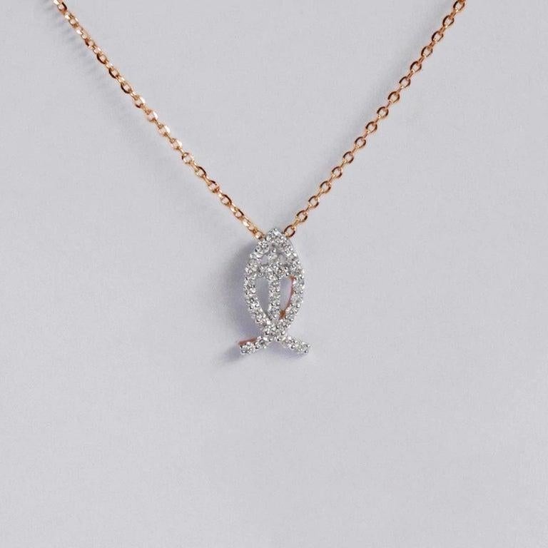Diamond Fish Cross Necklace in 14K White Gold / Rose Gold / Yellow Gold.

Delicate Minimal Necklace made of 14K solid gold available in three colors. Natural genuine round cut diamond each diamond is hand selected by me to ensure quality and set by